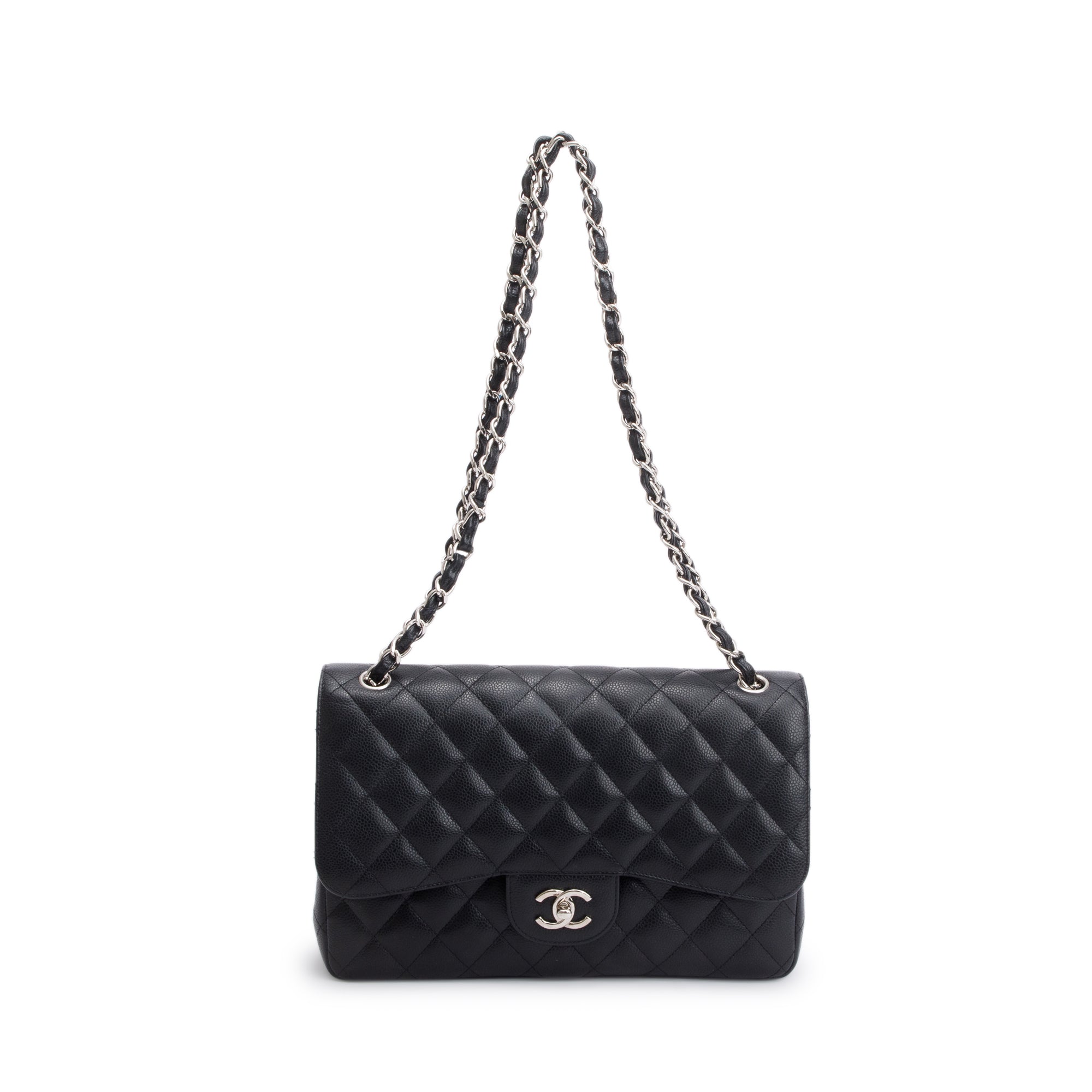 Chanel Black Caviar Leather Classic Jumbo Double Flap Bag w/ Authenticity Card