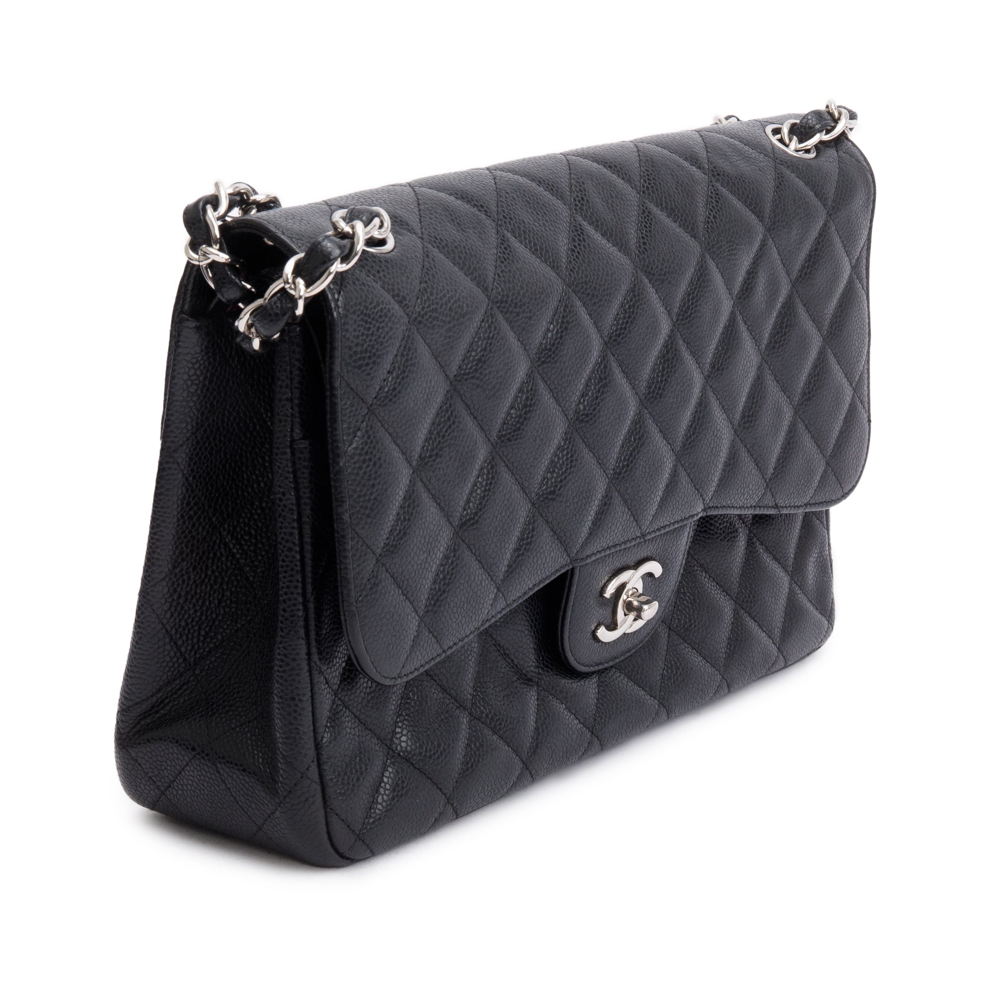 Chanel Black Caviar Leather Classic Jumbo Double Flap Bag w/ Authenticity Card