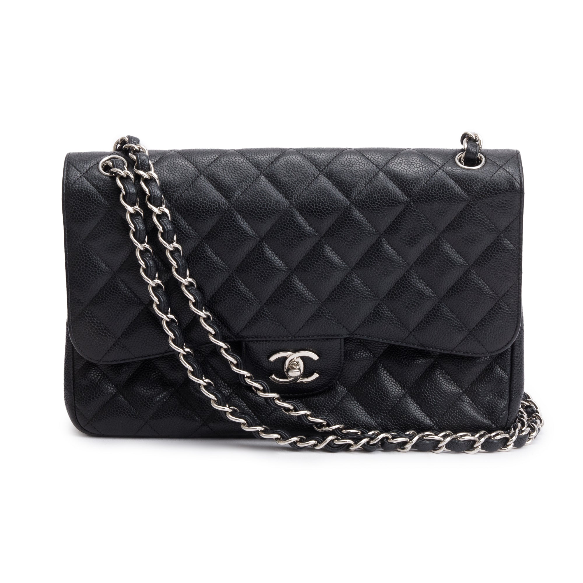 Chanel Black Caviar Leather Classic Jumbo Double Flap Bag w/ Authenticity Card