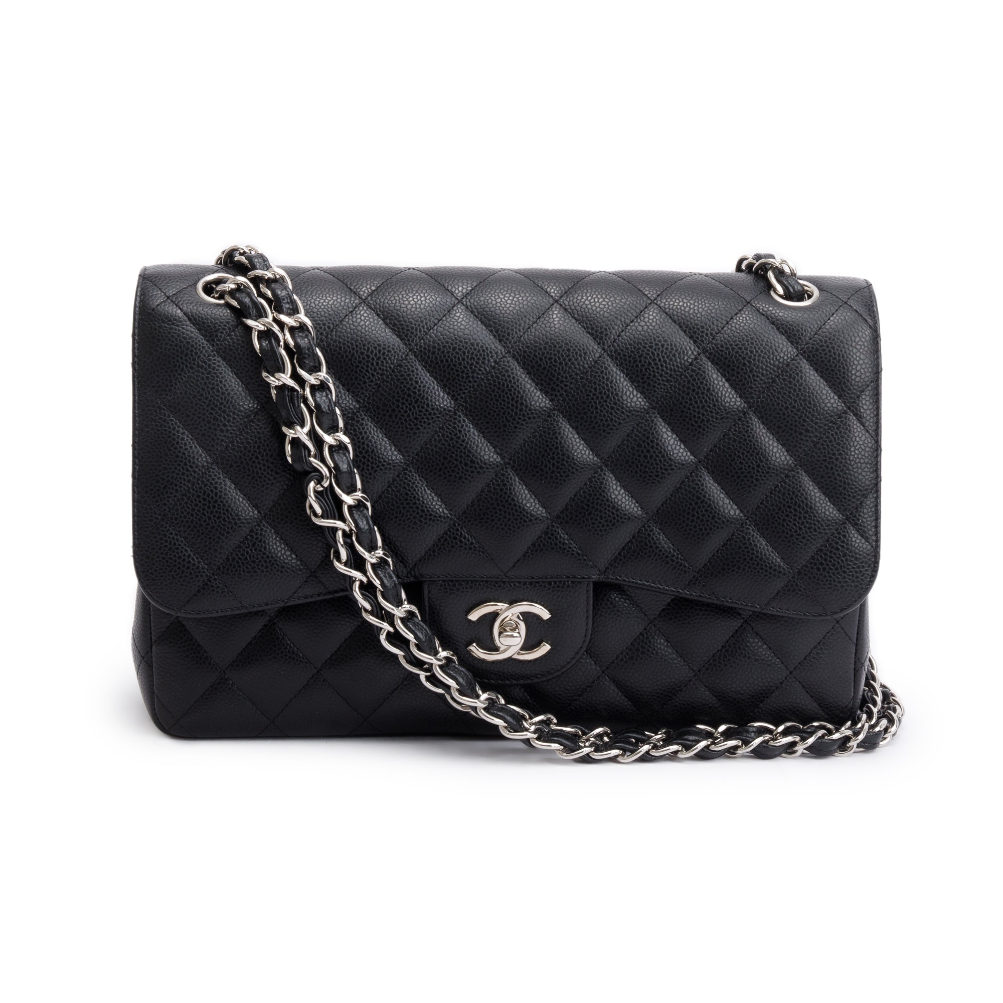 Chanel Black Caviar Leather Classic Jumbo Double Flap Bag w/ Authenticity Card