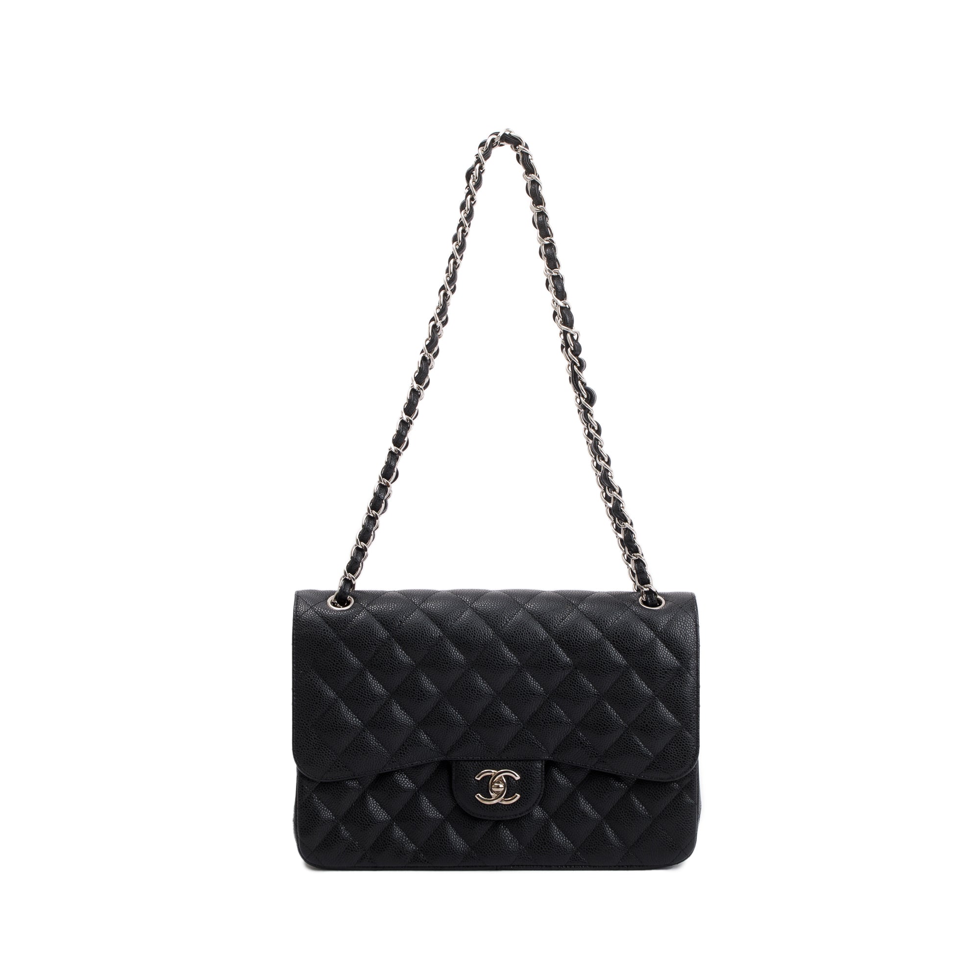 Chanel Black Caviar Leather Classic Jumbo Double Flap Bag w/ Box & Authenticity Card