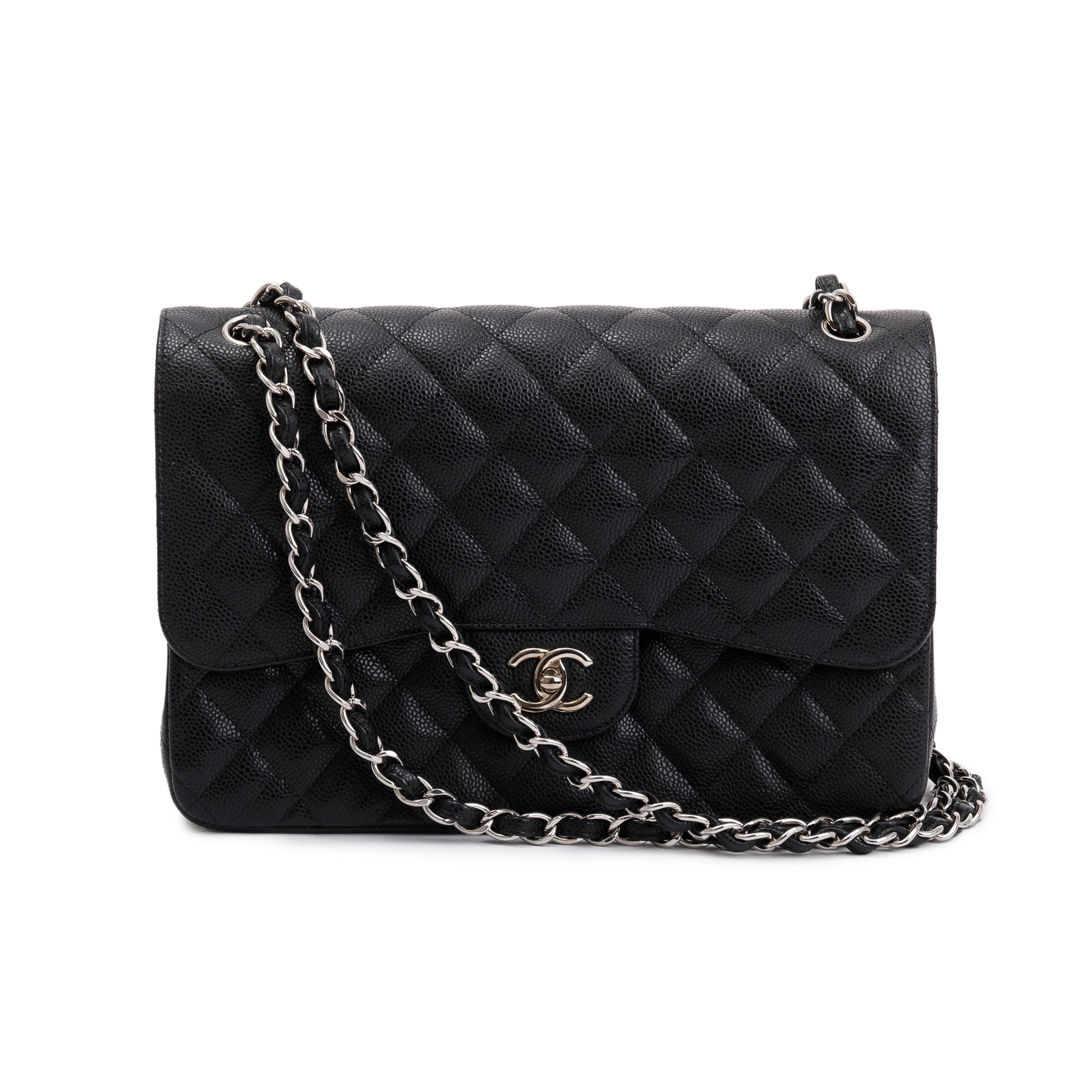 Chanel Black Caviar Leather Classic Jumbo Double Flap Bag w/ Box & Authenticity Card