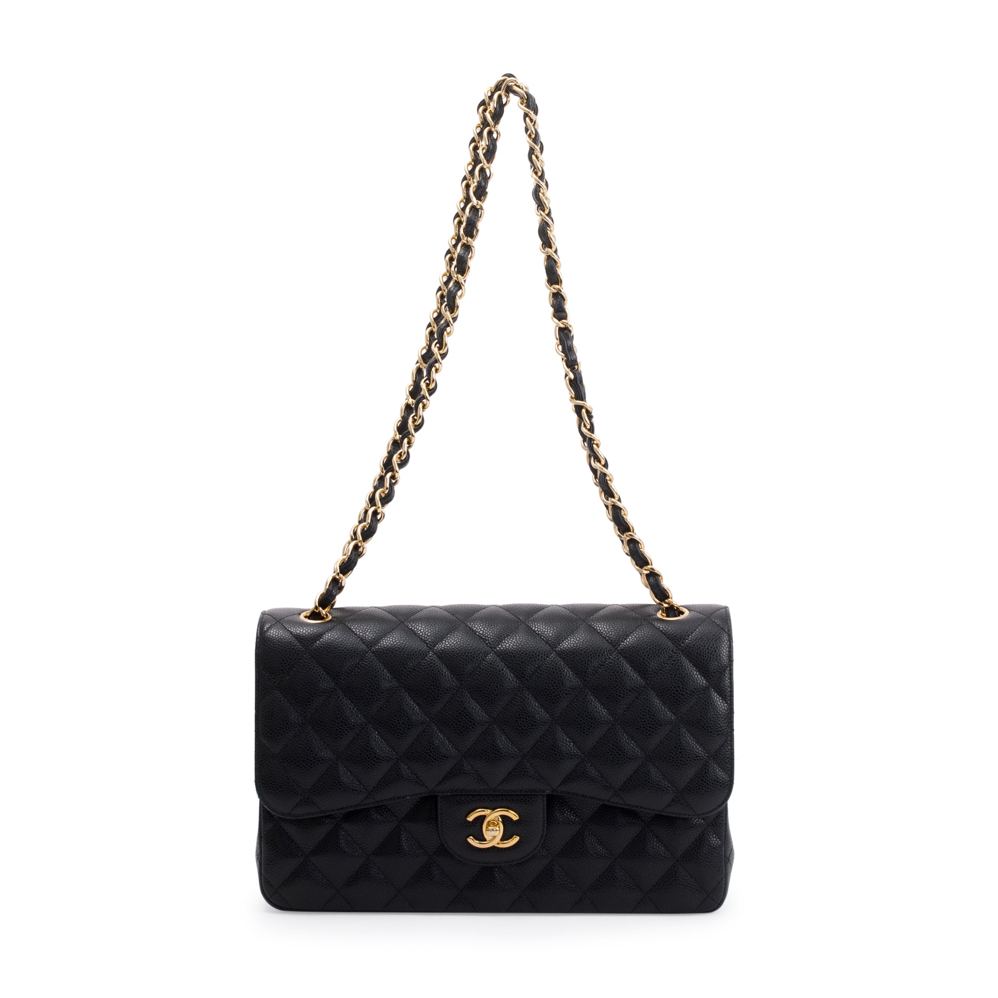 Chanel Black Caviar Leather Classic Jumbo Double Flap Bag w/ Box, Receipt & Authenticity Card