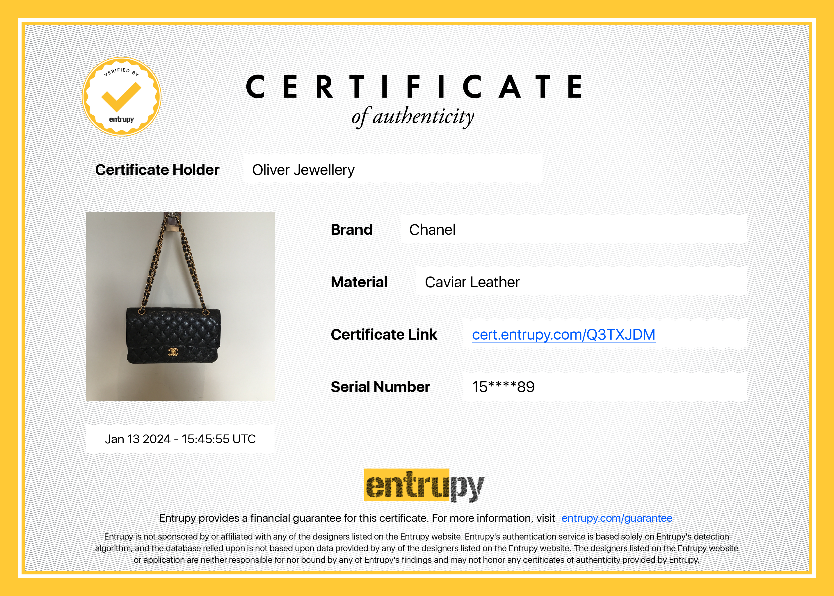 Chanel Black Caviar Leather Classic Medium Double Flap Bag w/ Receipt & Authenticity Card