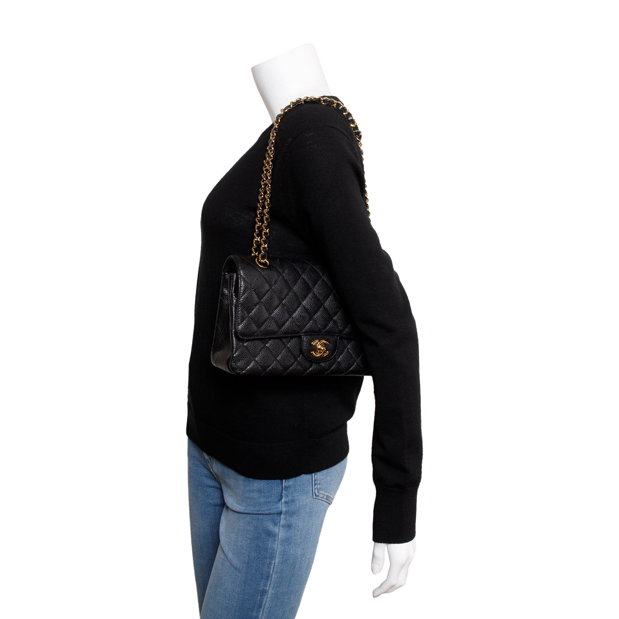 Chanel Black Caviar Leather Classic Medium Double Flap Bag w/ Receipt & Authenticity Card