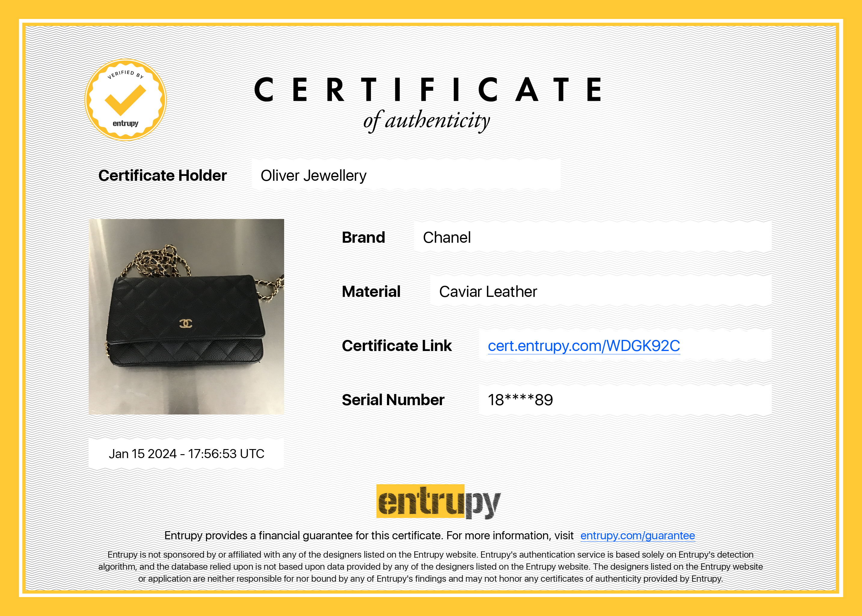 Chanel Black Caviar Leather Classic Wallet on Chain w/ Box