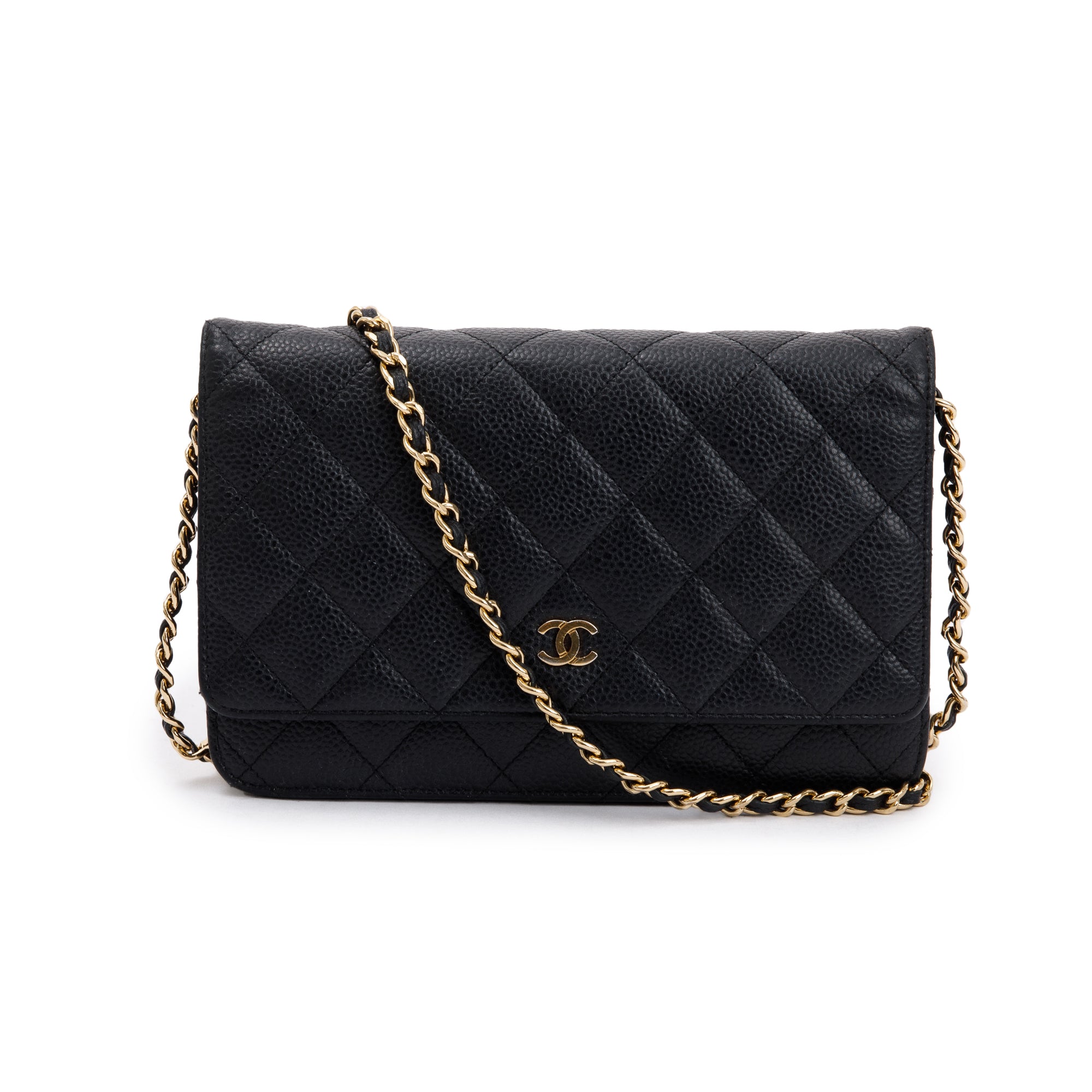 Chanel Black Caviar Leather Classic Wallet on Chain w/ Box