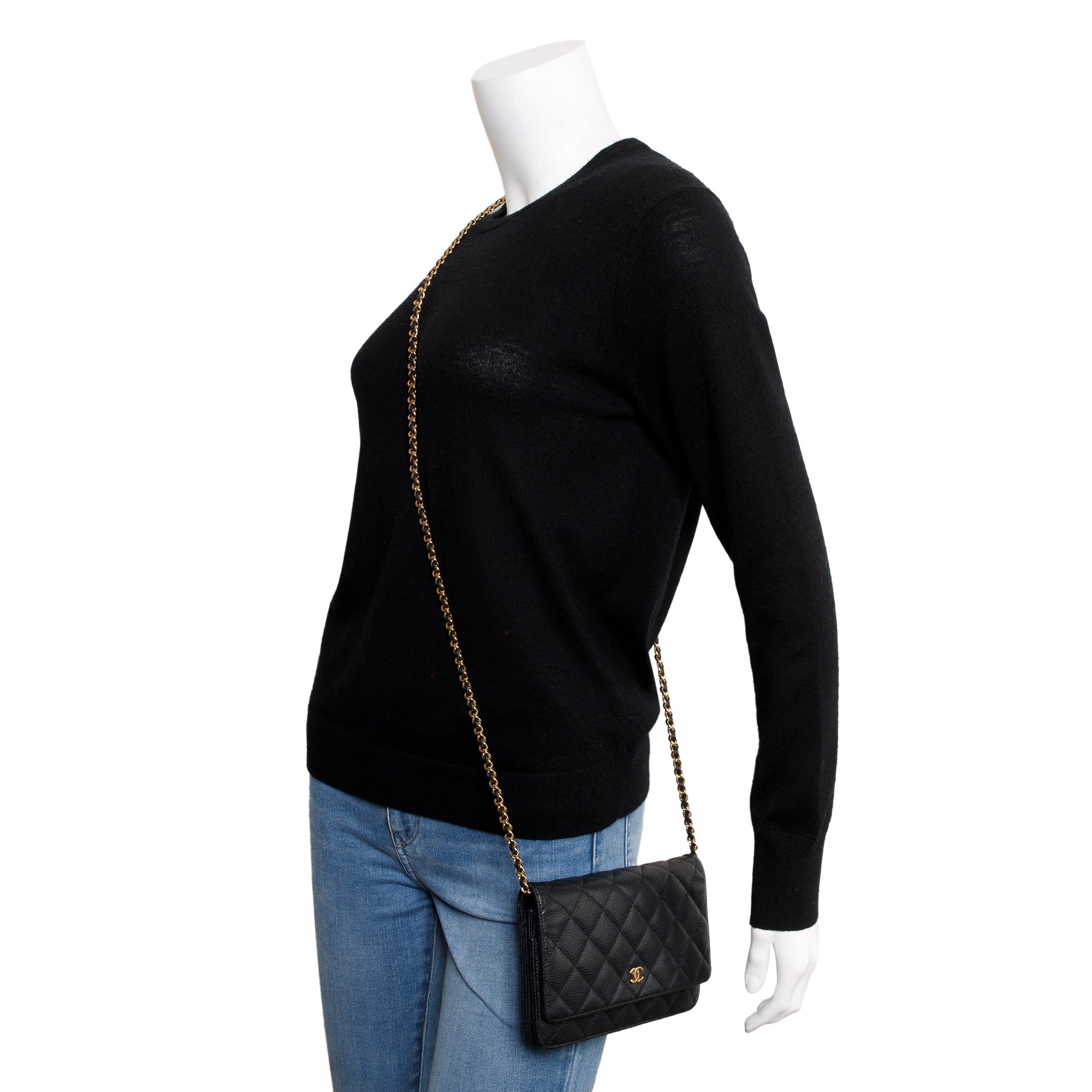 Chanel Black Caviar Leather Classic Wallet on Chain w/ Box