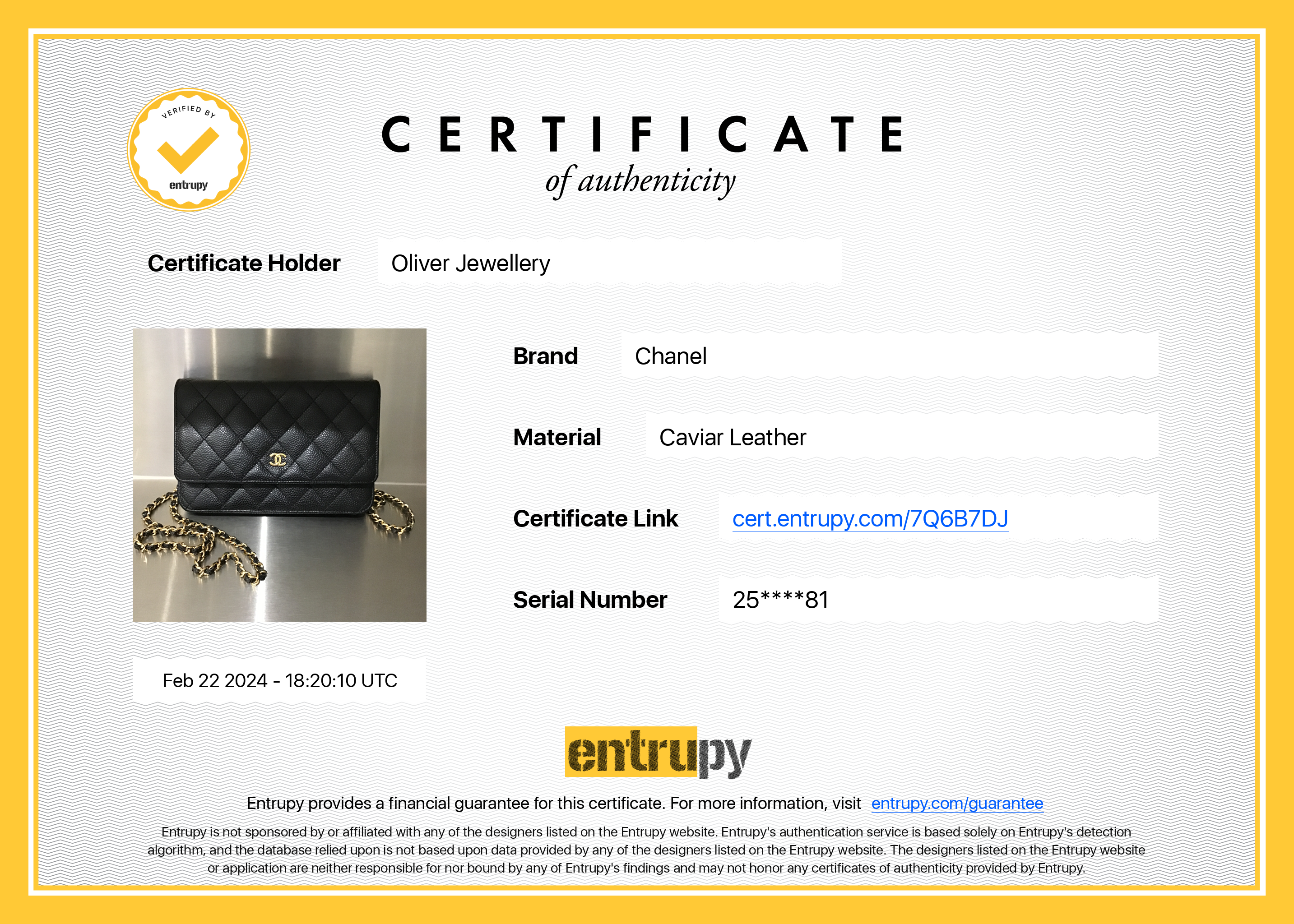 Chanel Black Caviar Leather Classic Wallet on Chain w/ Box & Authenticity Card