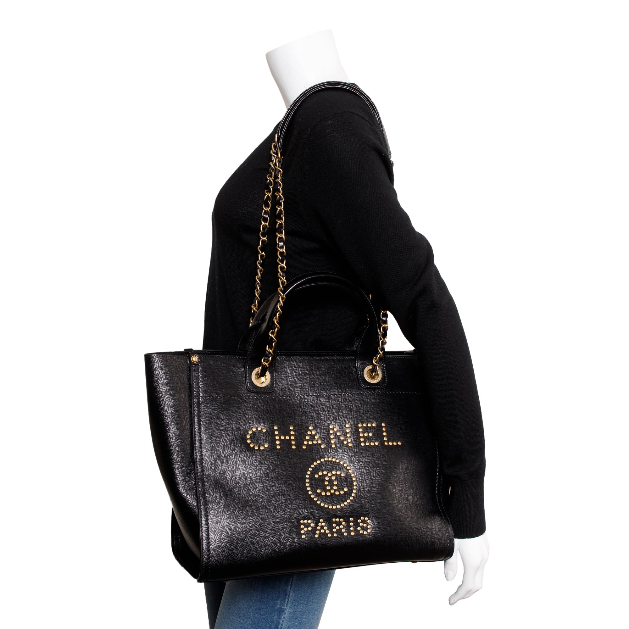 Chanel Black Caviar Leather Medium Studded Deauville Tote w/ Box