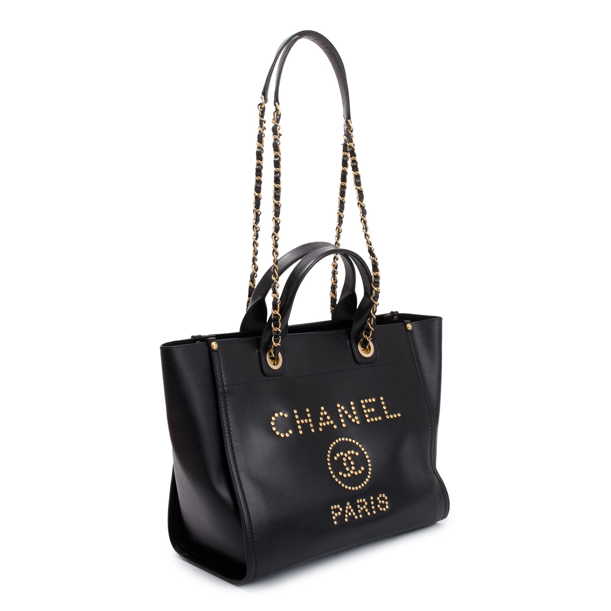 Chanel Black Caviar Leather Medium Studded Deauville Tote w/ Box
