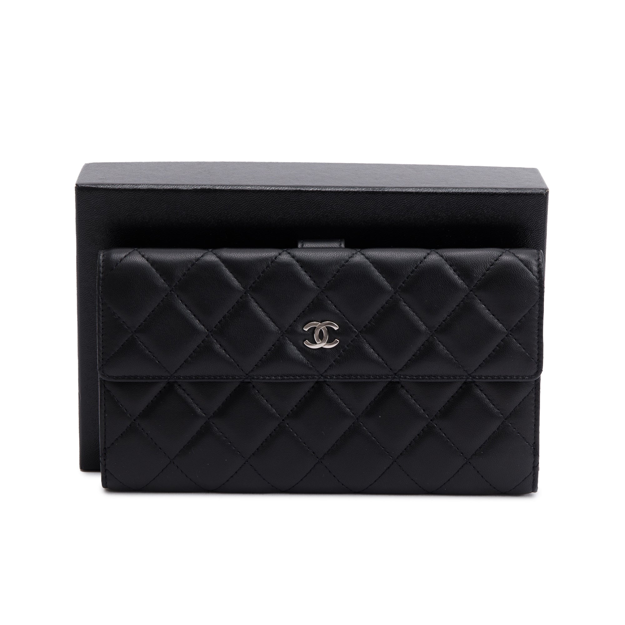 Chanel Black Caviar Quilted Leather CC Long Double Wallet w/ Box & Authenticity Card