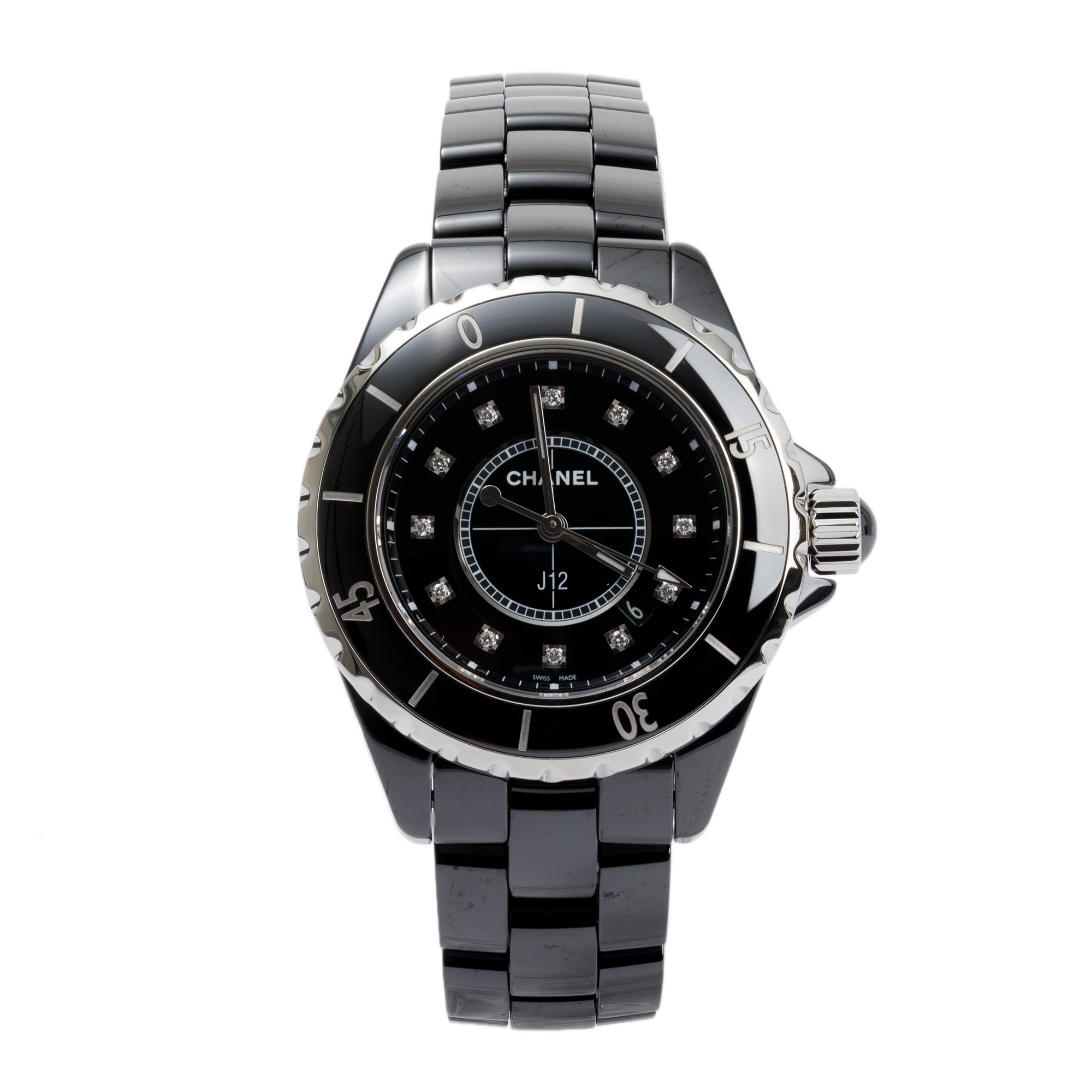 Chanel Black Ceramic 33 MM J12 Diamond Dial Watch w/ Box & Receipt