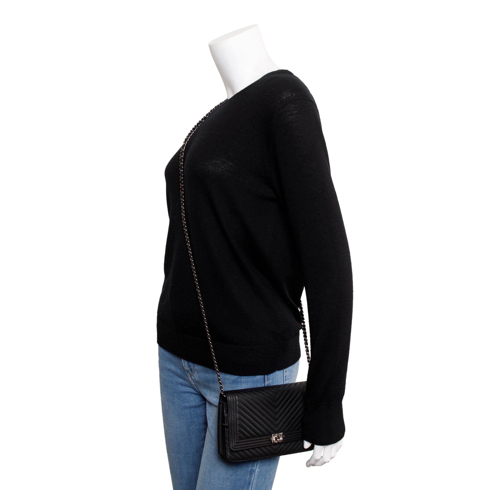 Chanel Black Chevron Boy Wallet on Chain w/ Box, Authenticity Card & Receipt