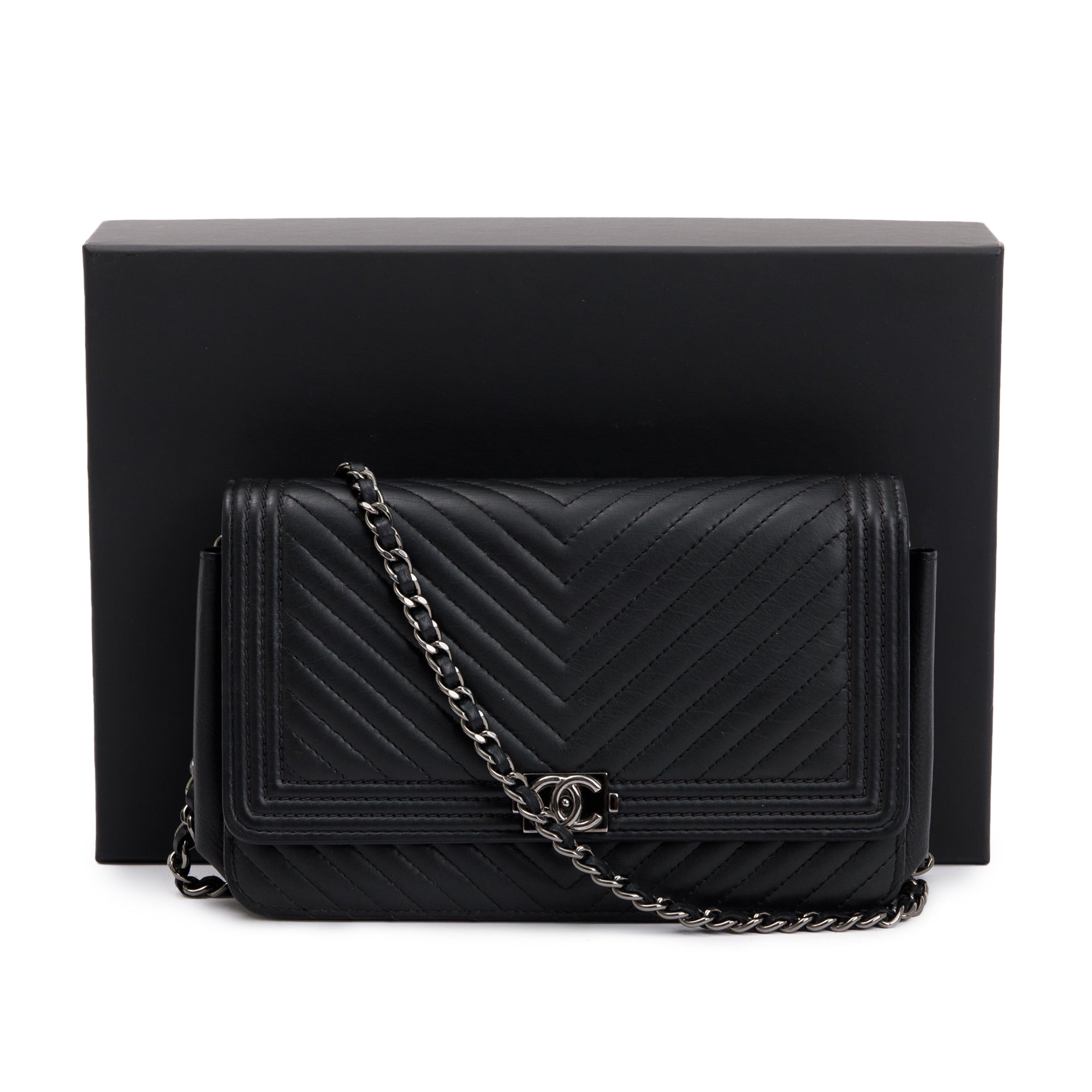 Chanel Black Chevron Boy Wallet on Chain w/ Box, Authenticity Card & Receipt