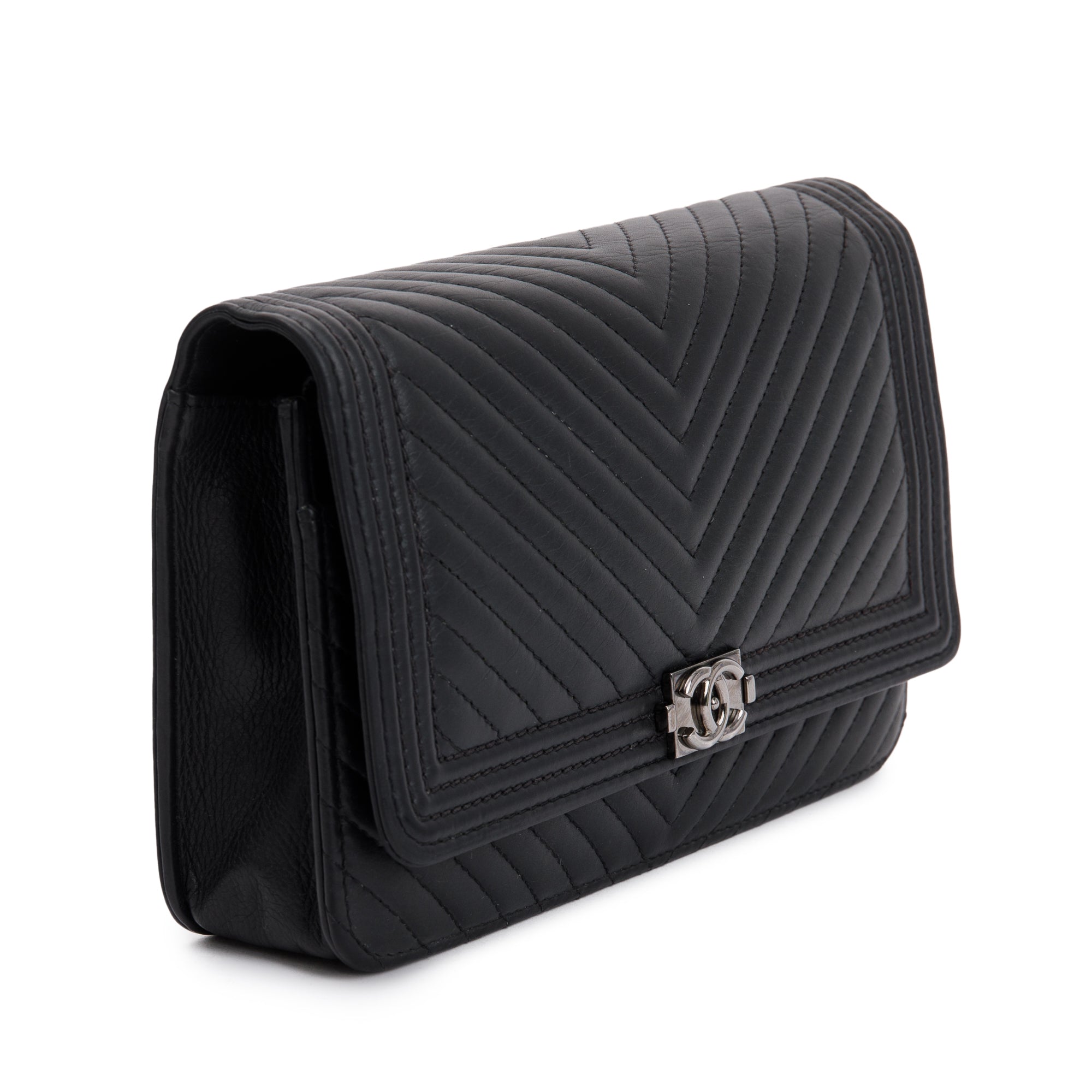 Chanel Black Chevron Boy Wallet on Chain w/ Box, Authenticity Card & Receipt