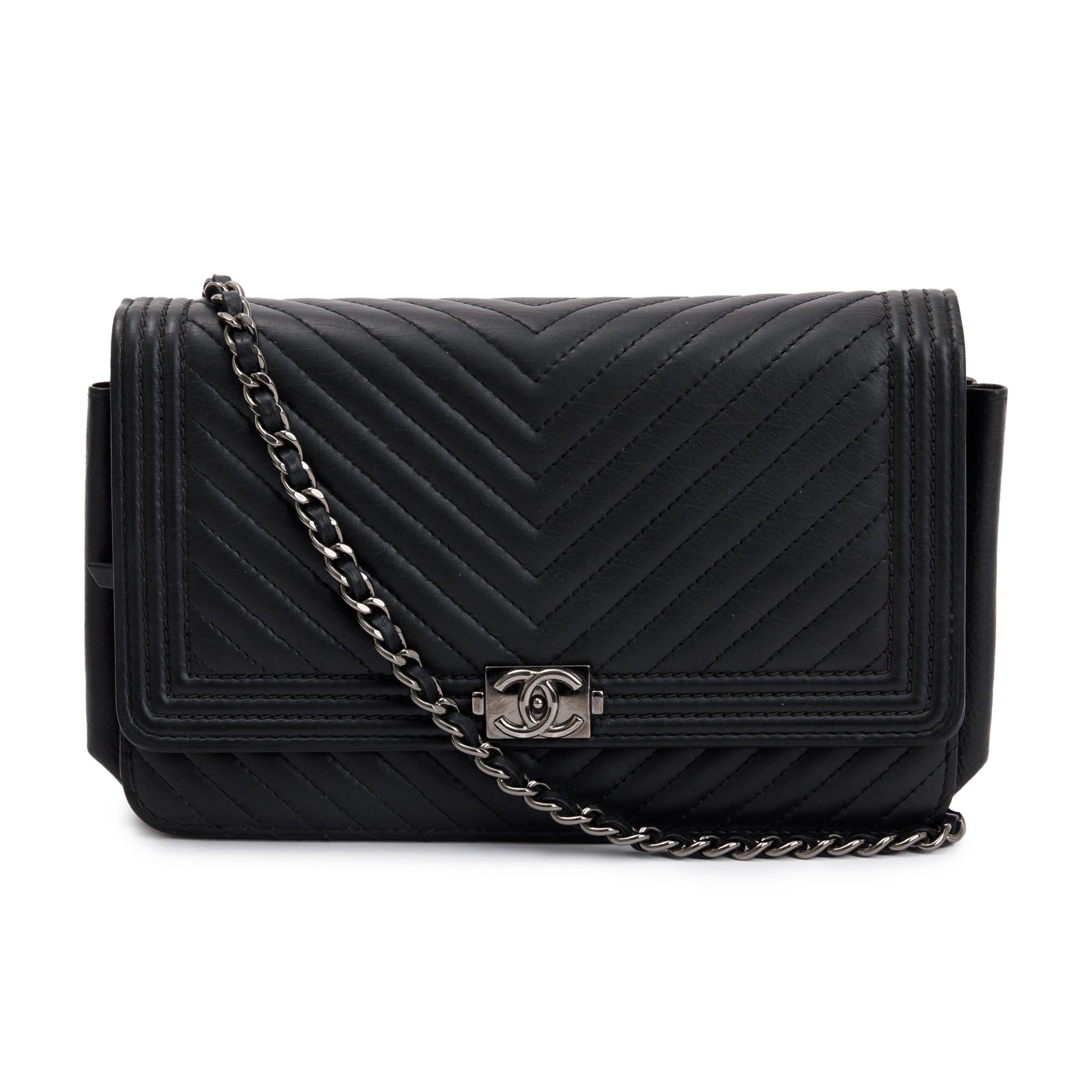 Chanel Black Chevron Boy Wallet on Chain w/ Box, Authenticity Card & Receipt