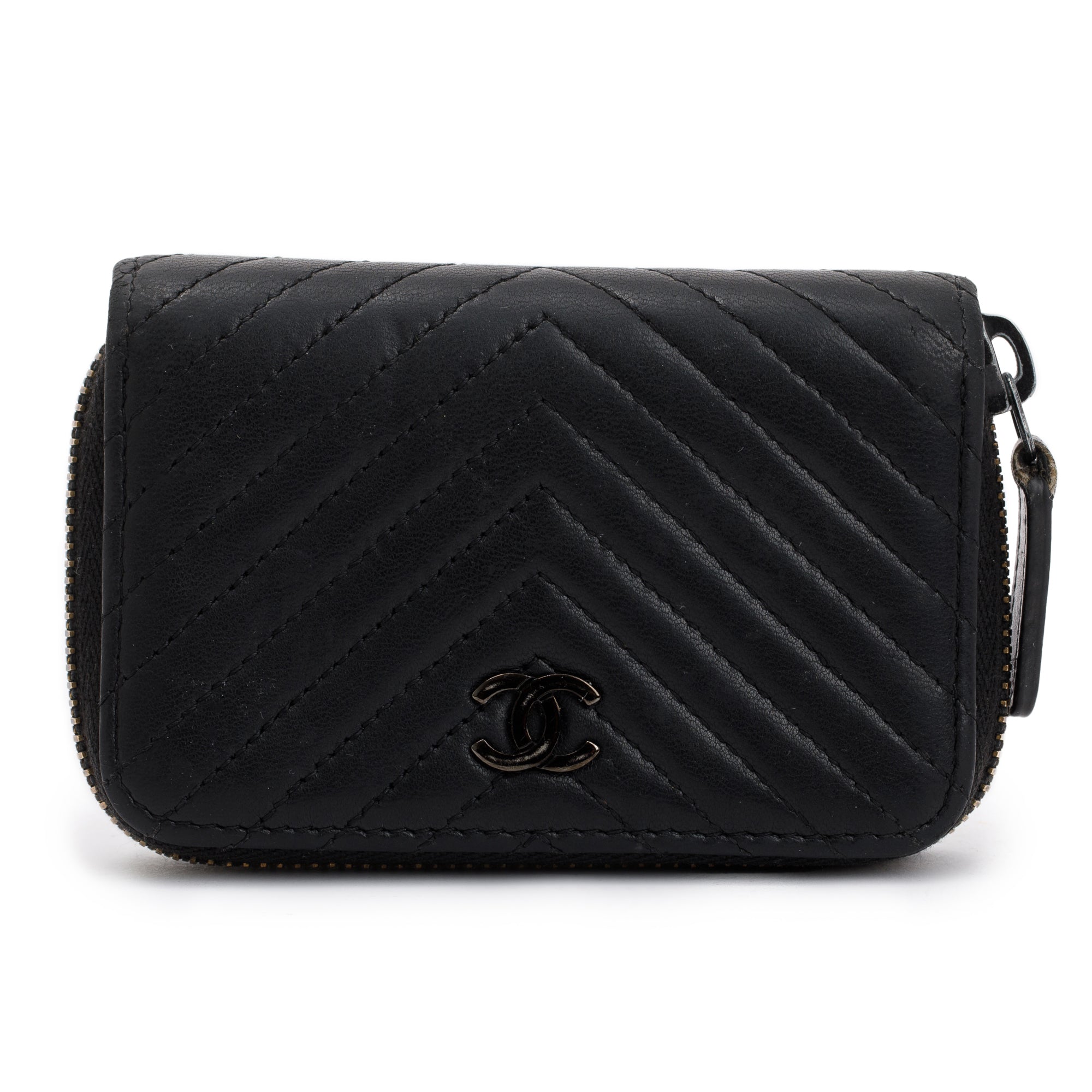 Chanel Black Chevron Calfskin Leather Classic Zipped Coin Purse w/ Box