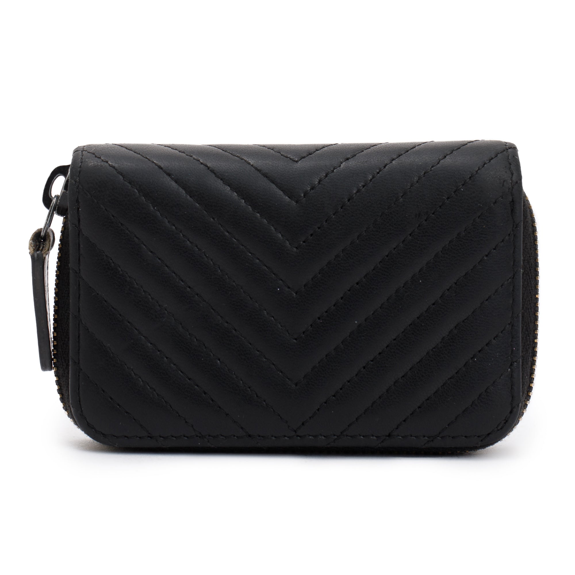 Chanel Black Chevron Calfskin Leather Classic Zipped Coin Purse w/ Box