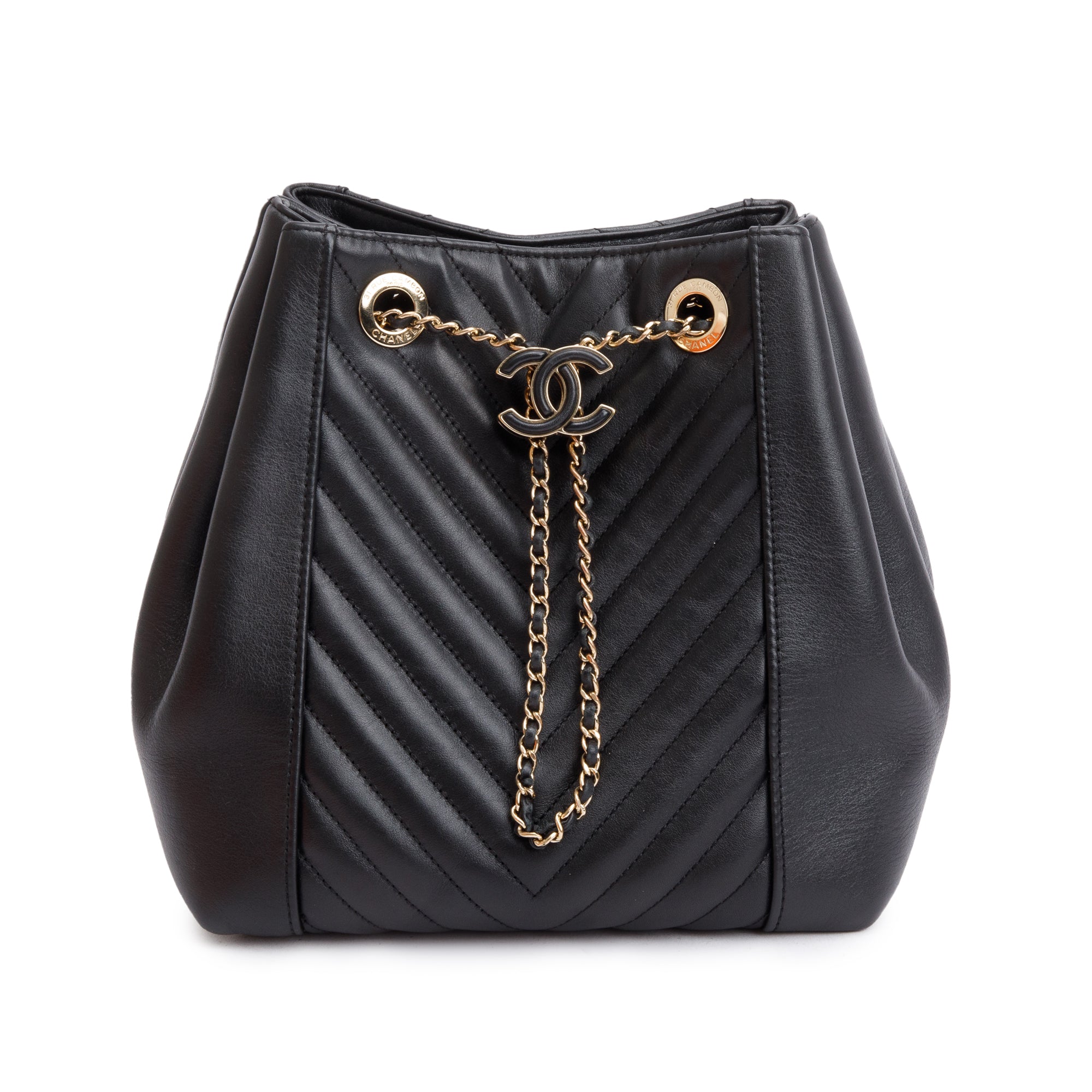 Chanel Black Chevron Calfskin Leather Drawstring Bucket Crossbody Bag w/ Authenticity Card