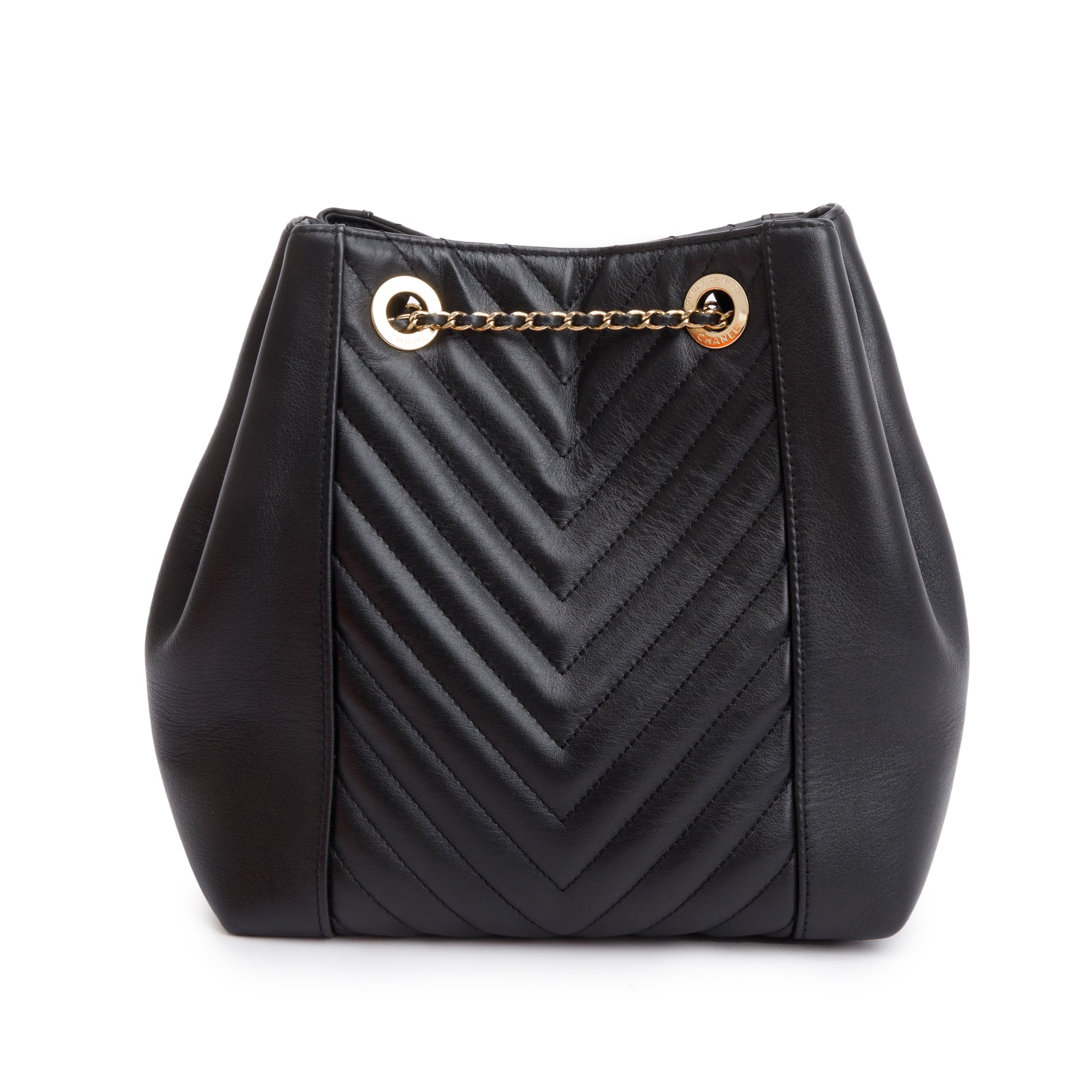 Chanel Black Chevron Calfskin Leather Drawstring Bucket Crossbody Bag w/ Authenticity Card