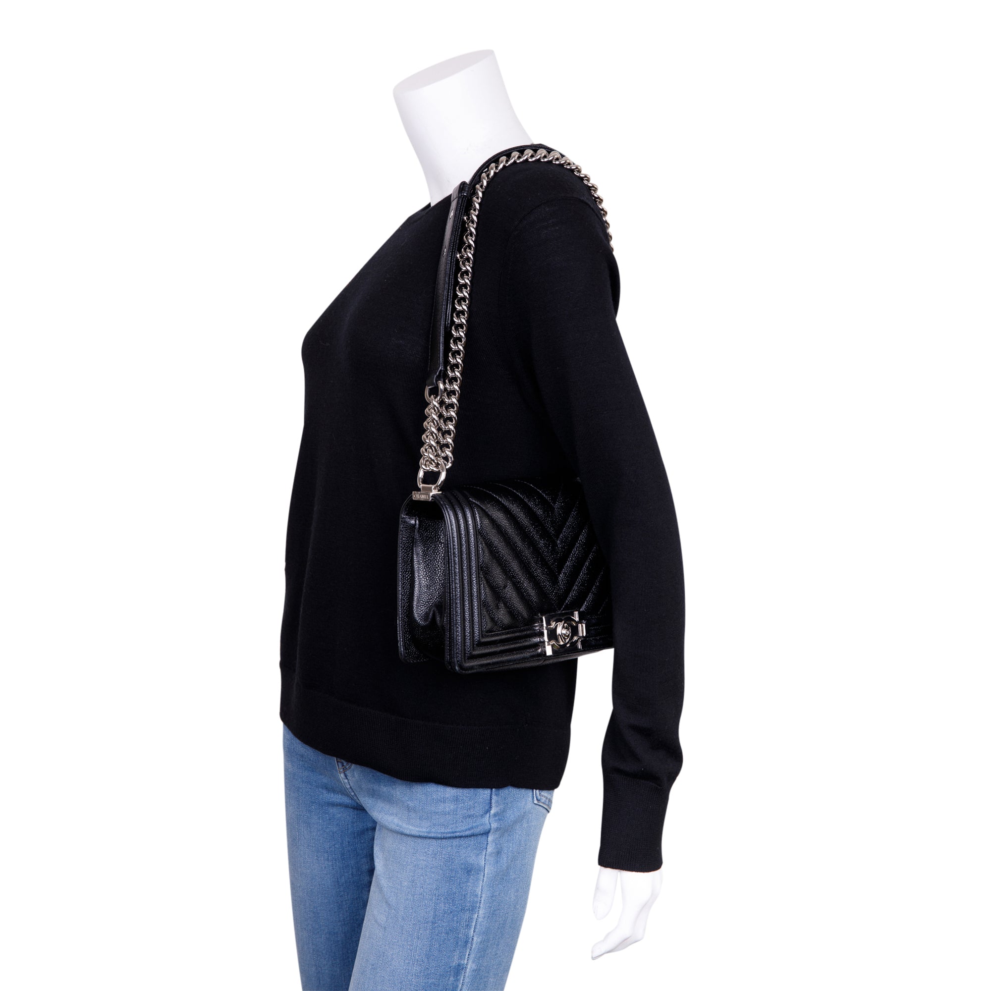 Chanel Black Chevron Caviar Medium Boy Bag w/ Box & Authenticity Card