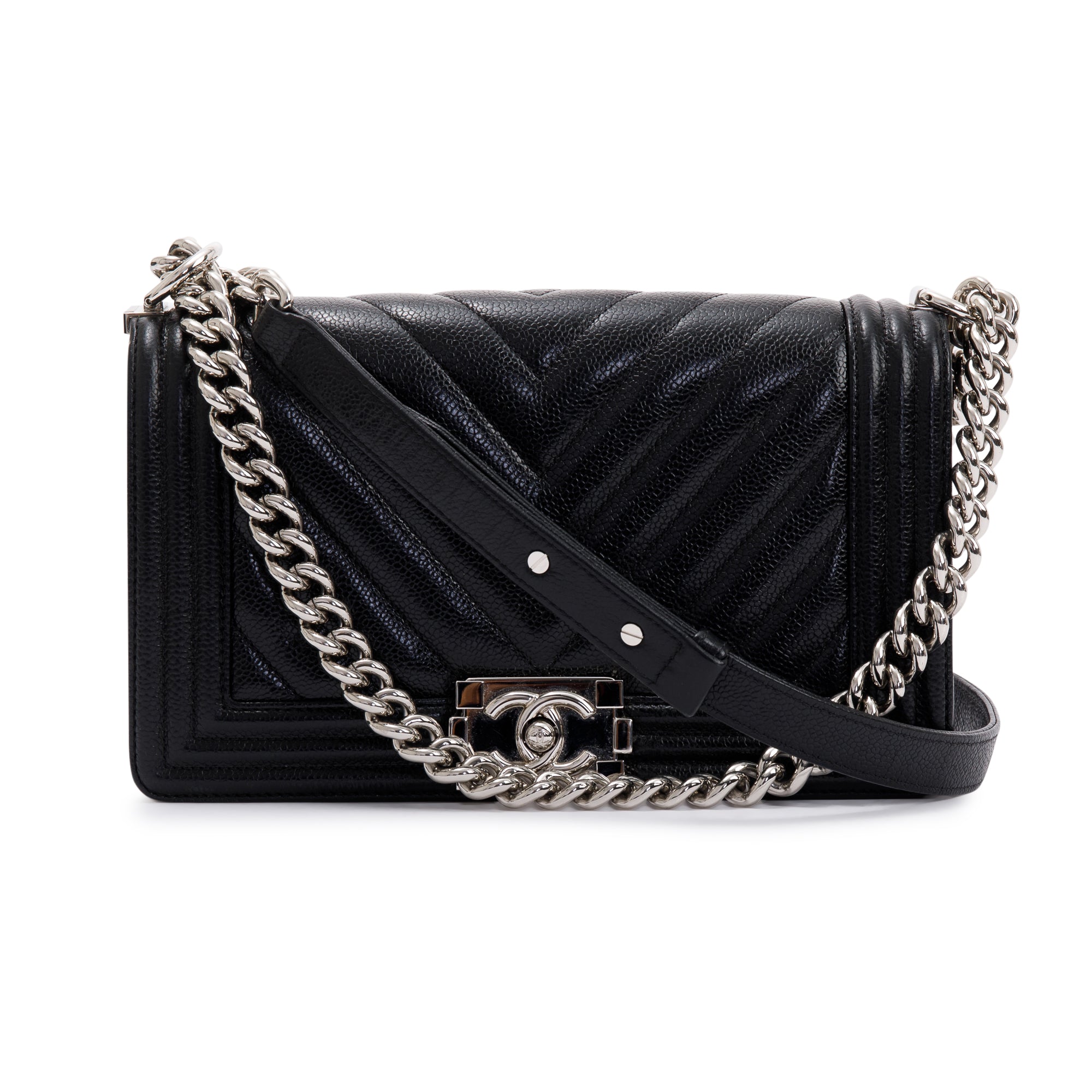 Chanel Black Chevron Caviar Medium Boy Bag w/ Box & Authenticity Card