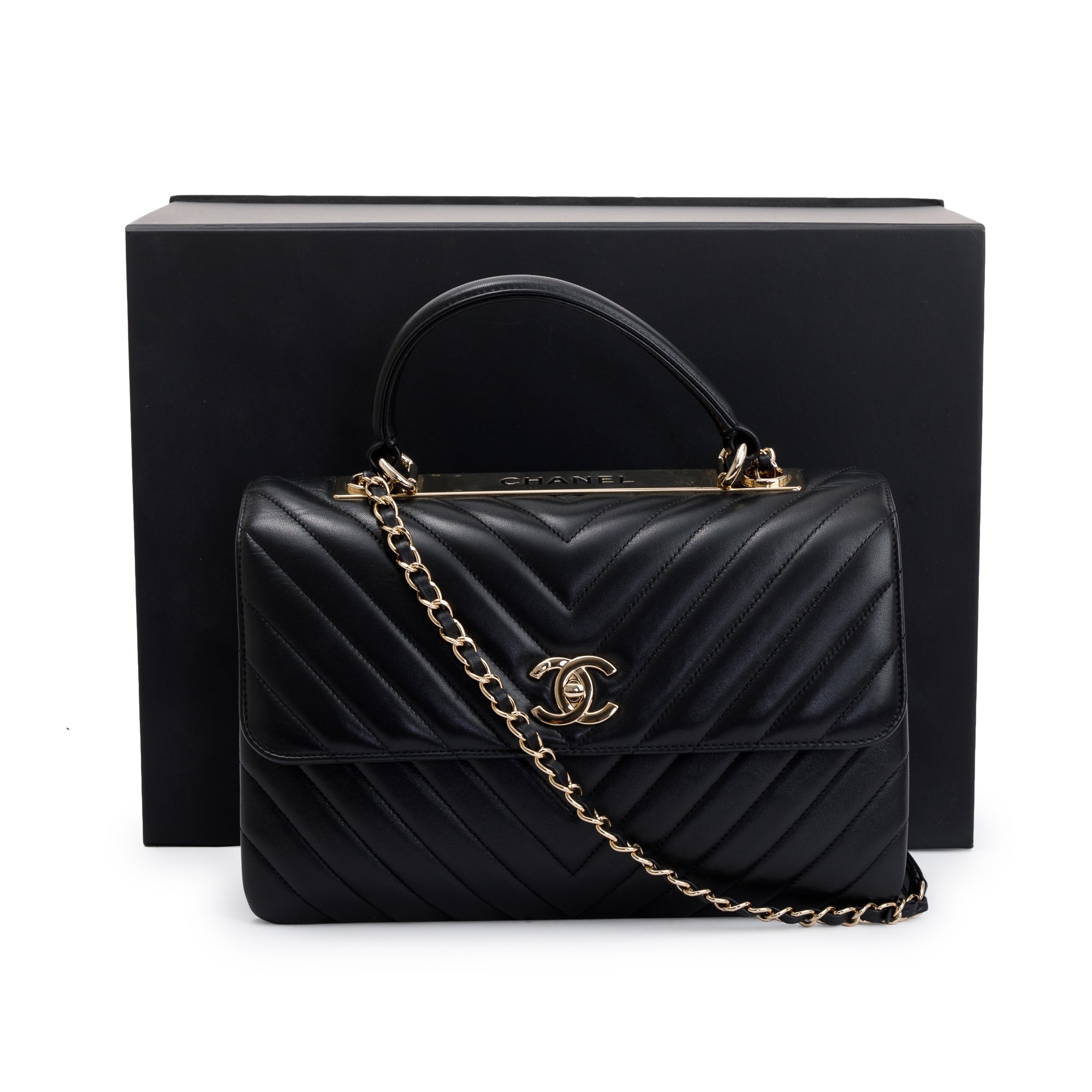Chanel Black Chevron Lambskin Trendy CC Medium Top Handle Flap Bag w/ Box & Authenticity Card