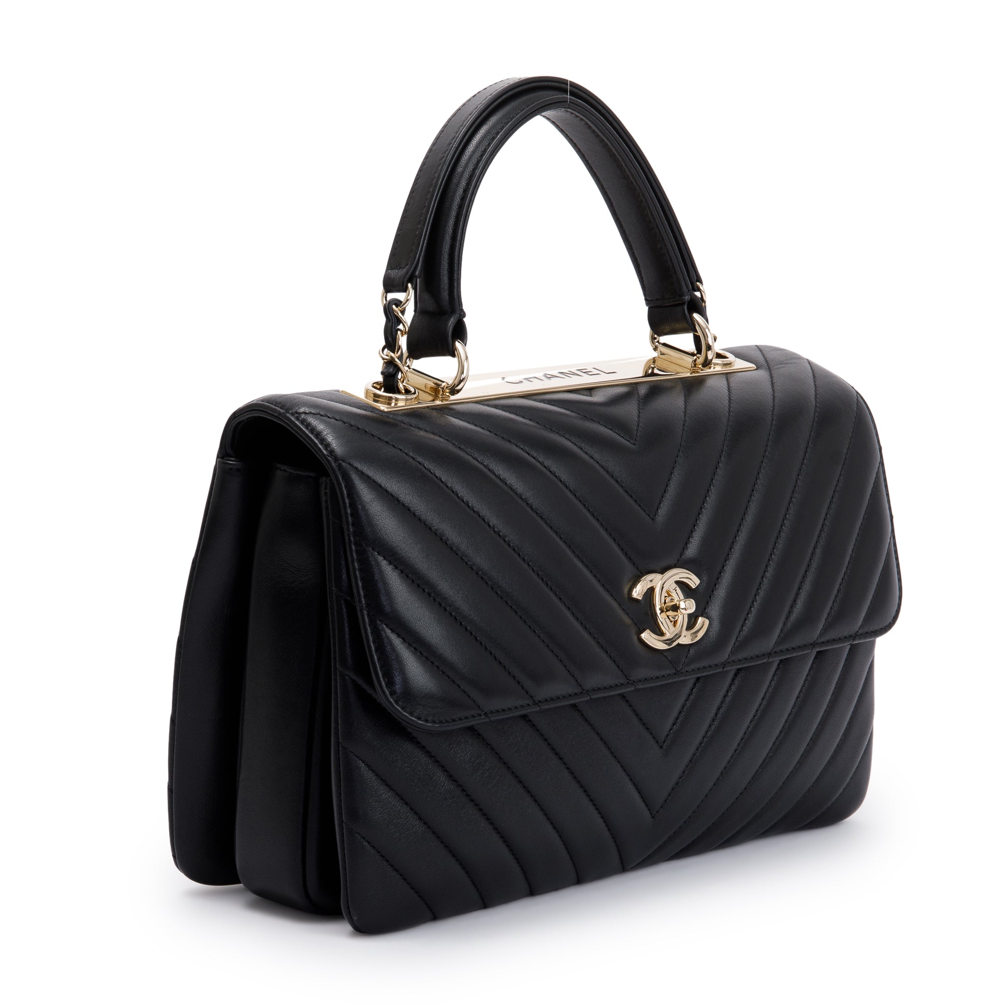 Chanel Black Chevron Lambskin Trendy CC Medium Top Handle Flap Bag w/ Box & Authenticity Card