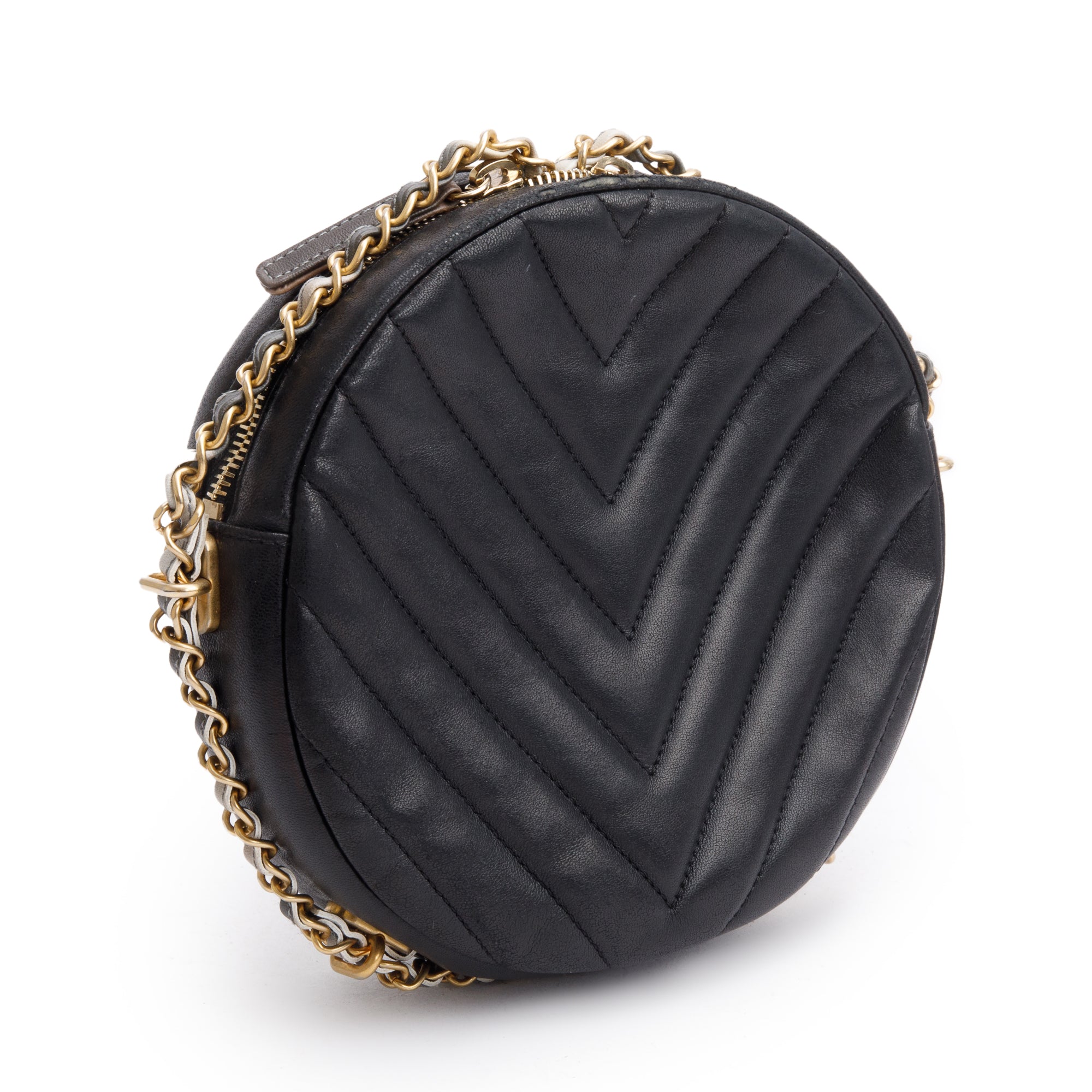 Chanel Black Chevron Leather Round as Earth Crossbody Bag