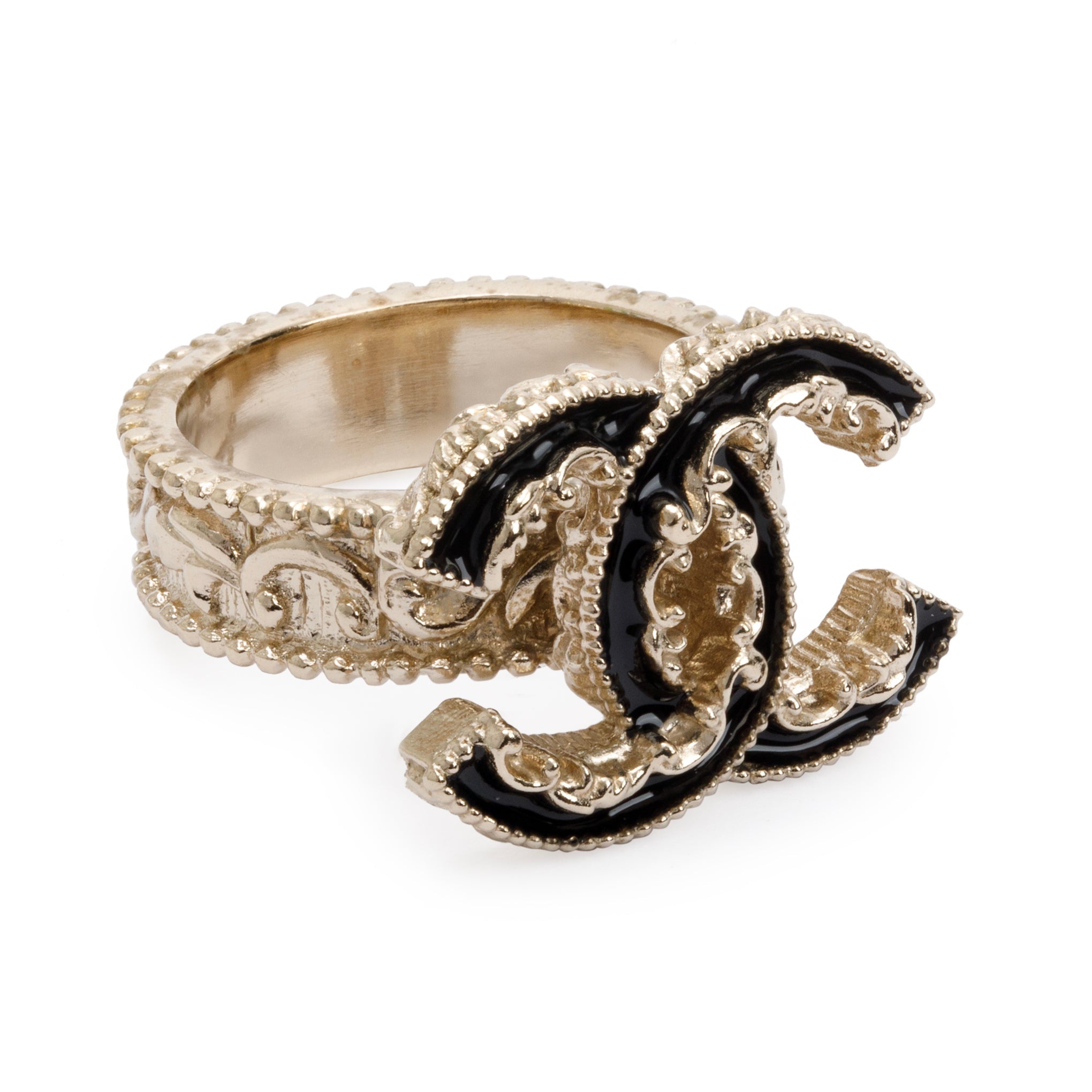 Chanel Black Enamel CC Ring, Size 6.25 w/ Box