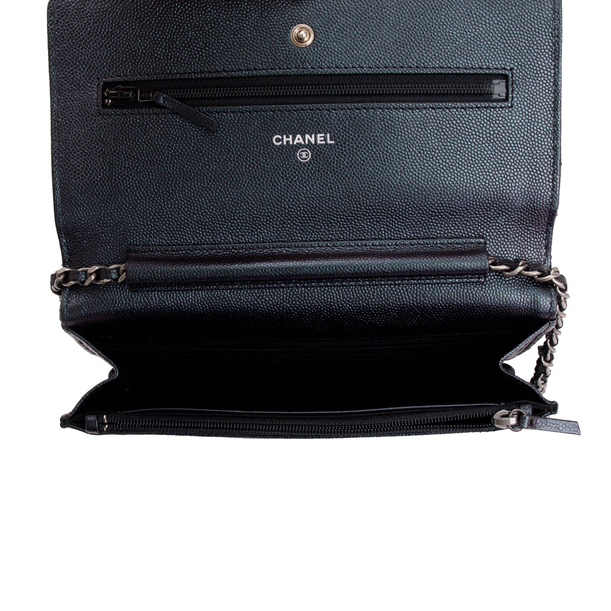 Chanel Black Iridescent Caviar Leather Chevron Wallet on Chain w/ Box & Authenticity Card