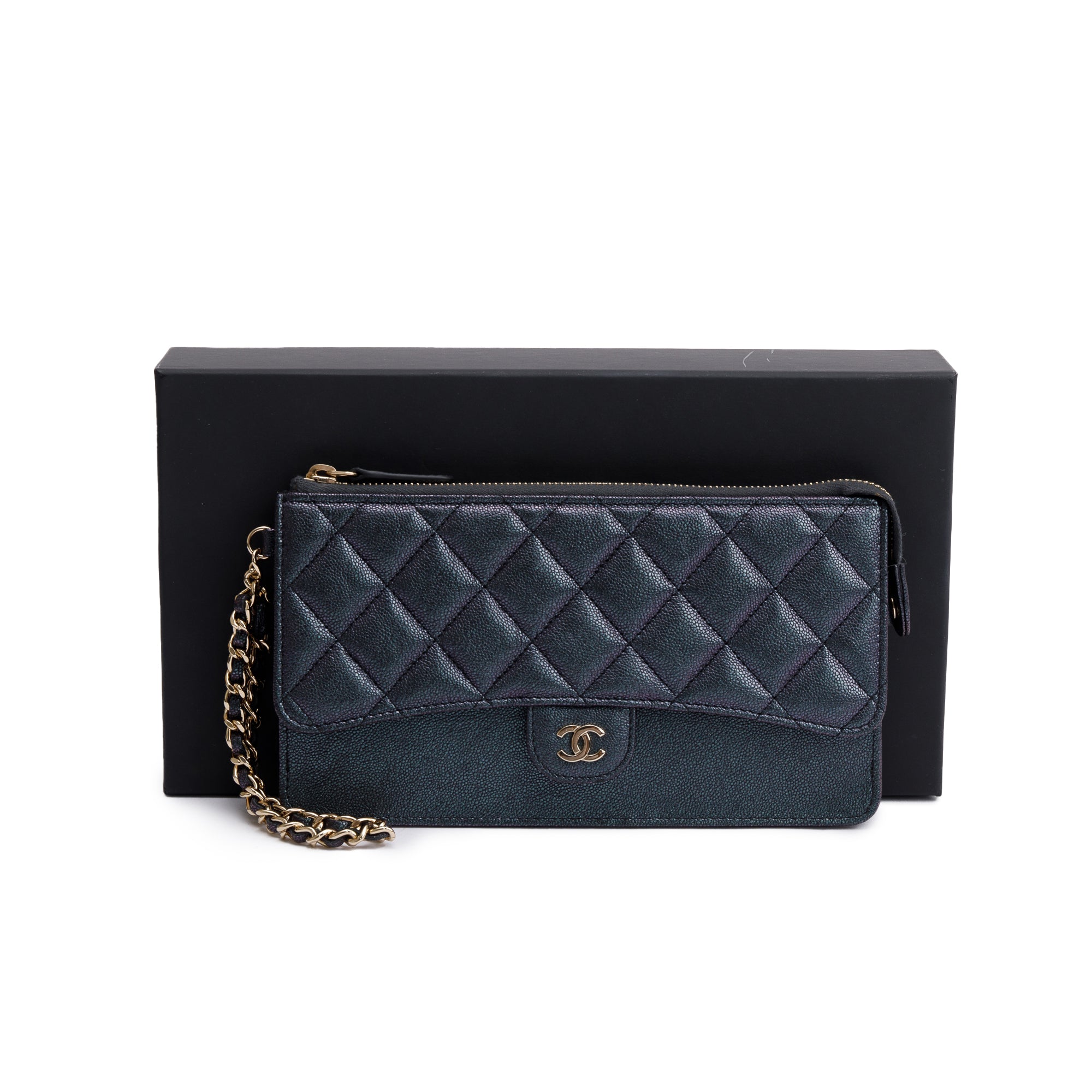 Chanel Black Iridescent Caviar Leather Classic Pouch with Handle w/ Box & Authenticity Card
