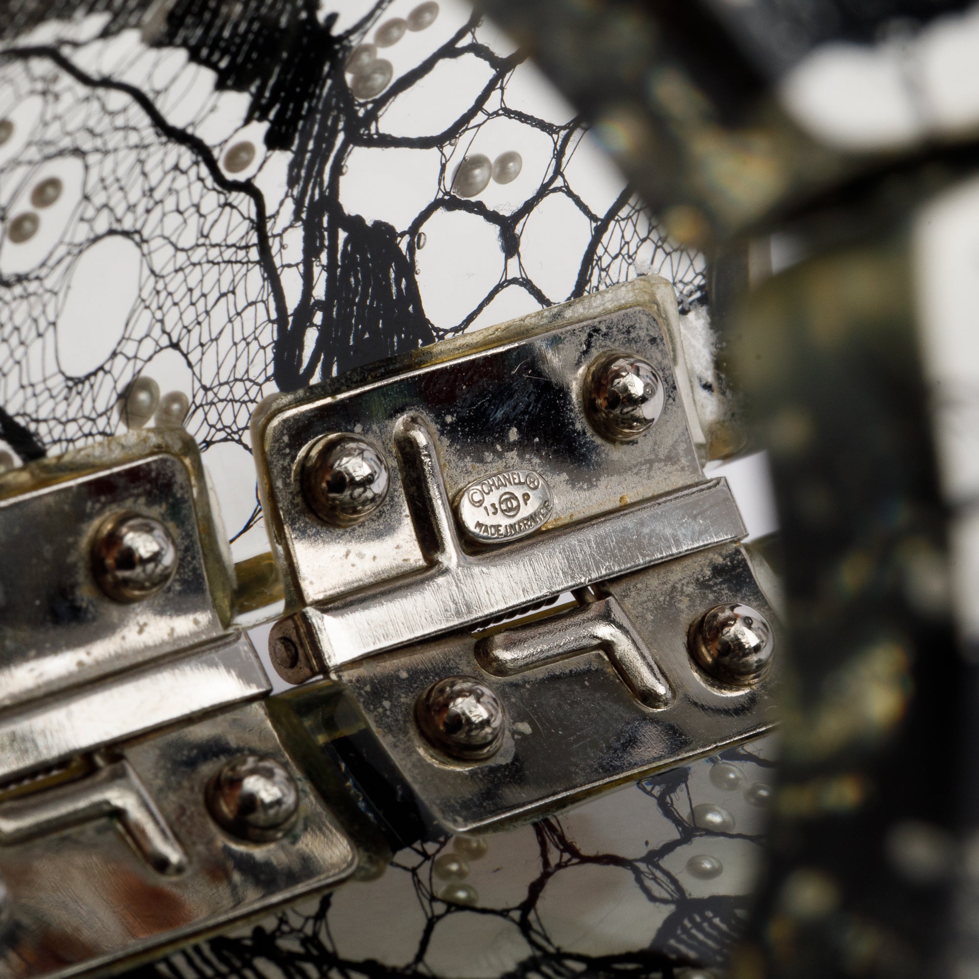 Chanel Black Lace Resin & Faux Pearl CC Hinged Bracelet