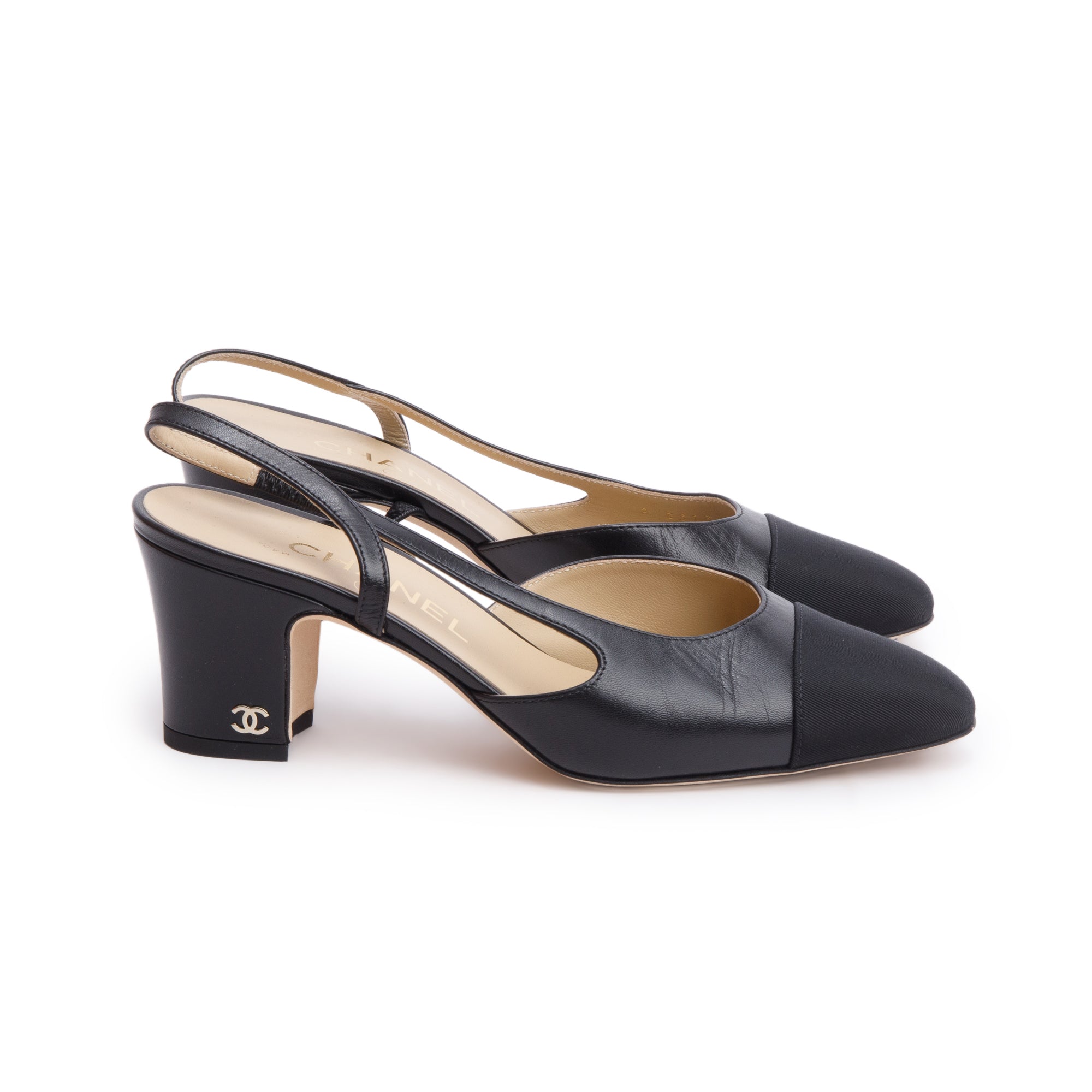 Chanel Black Lambskin Grosgrain Interlocking CC Logo Sling Back Shoes, Size 36 w/ Box