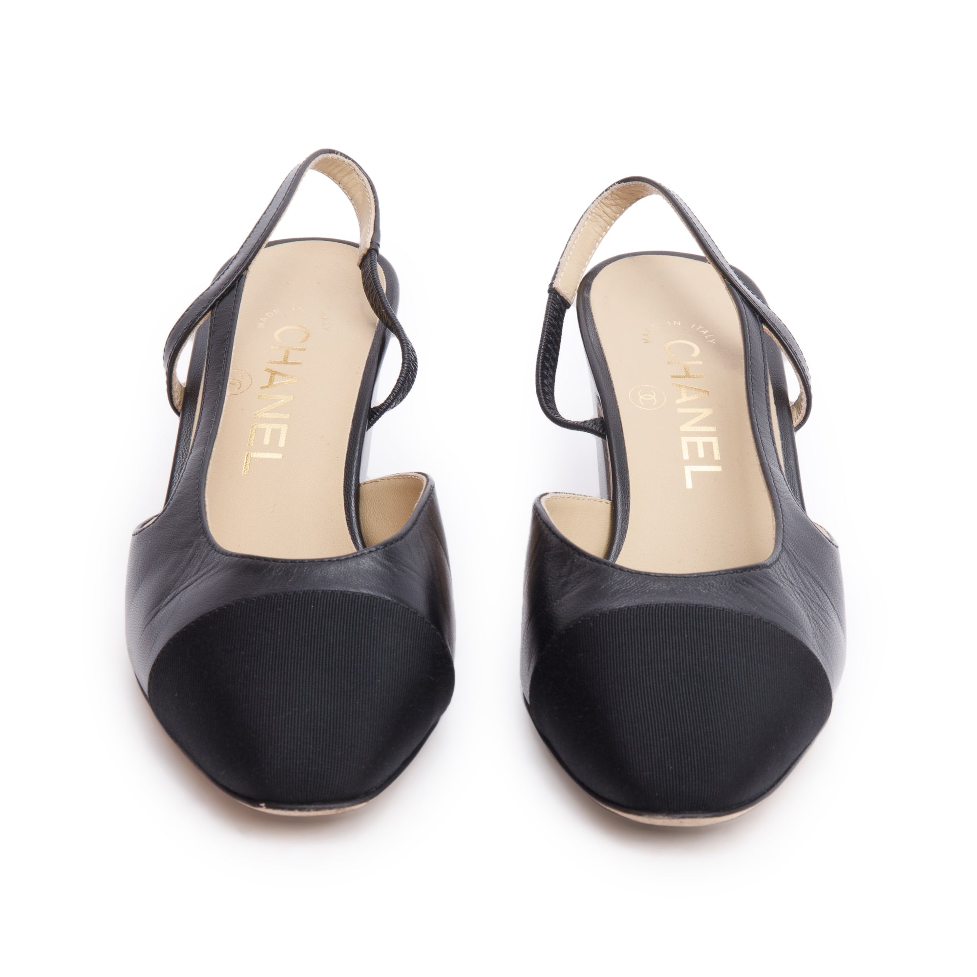 Chanel Black Lambskin Grosgrain Interlocking CC Logo Sling Back Shoes, Size 36 w/ Box