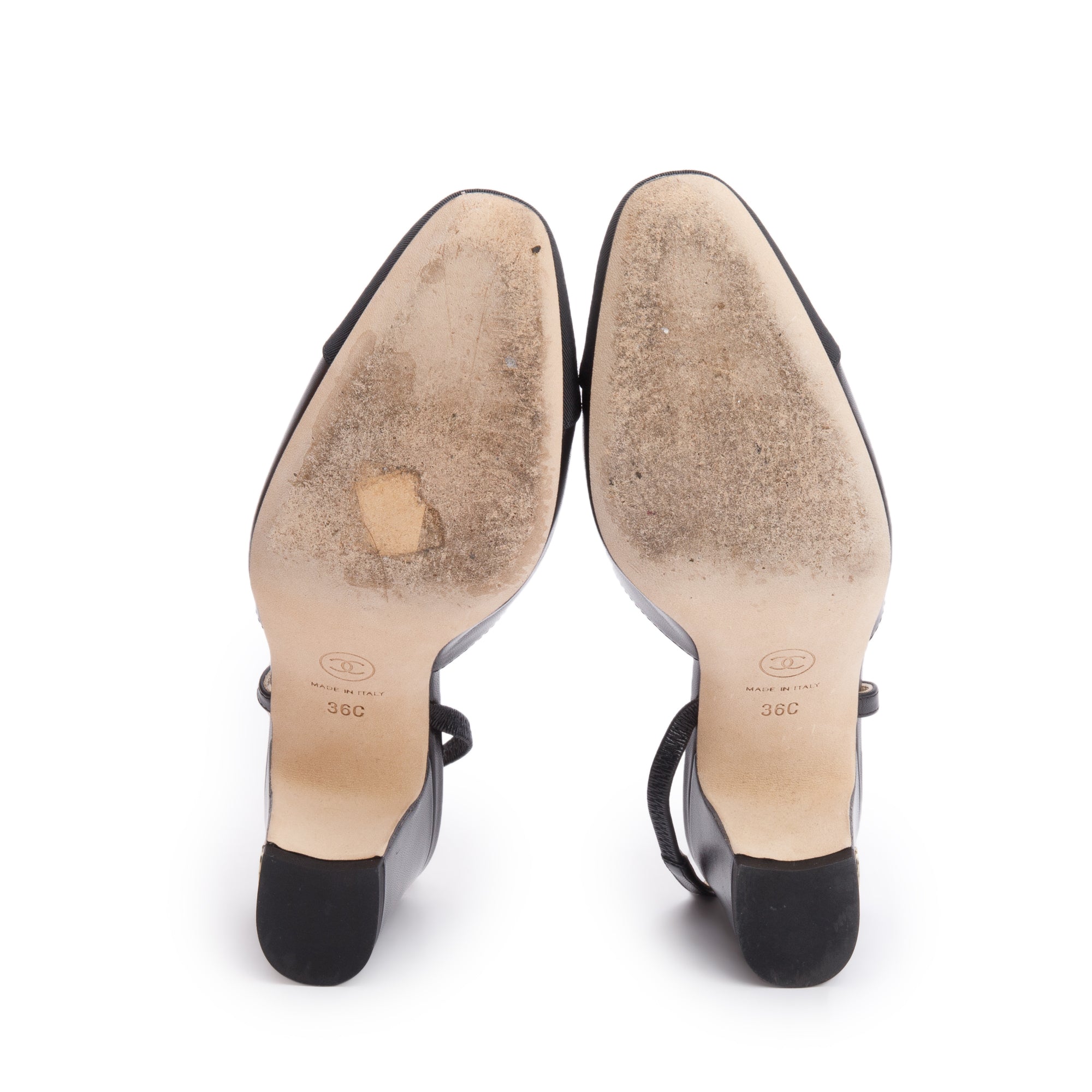 Chanel Black Lambskin Grosgrain Interlocking CC Logo Sling Back Shoes, Size 36 w/ Box