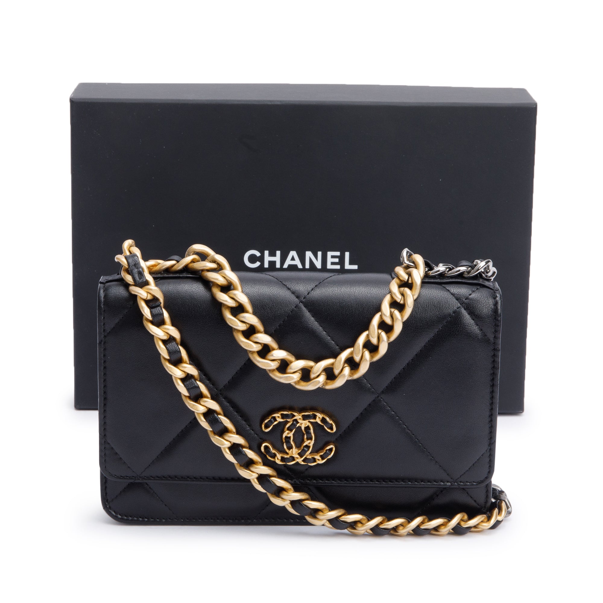 Chanel Black Lambskin Leather 19 Wallet On Chain w/ Box
