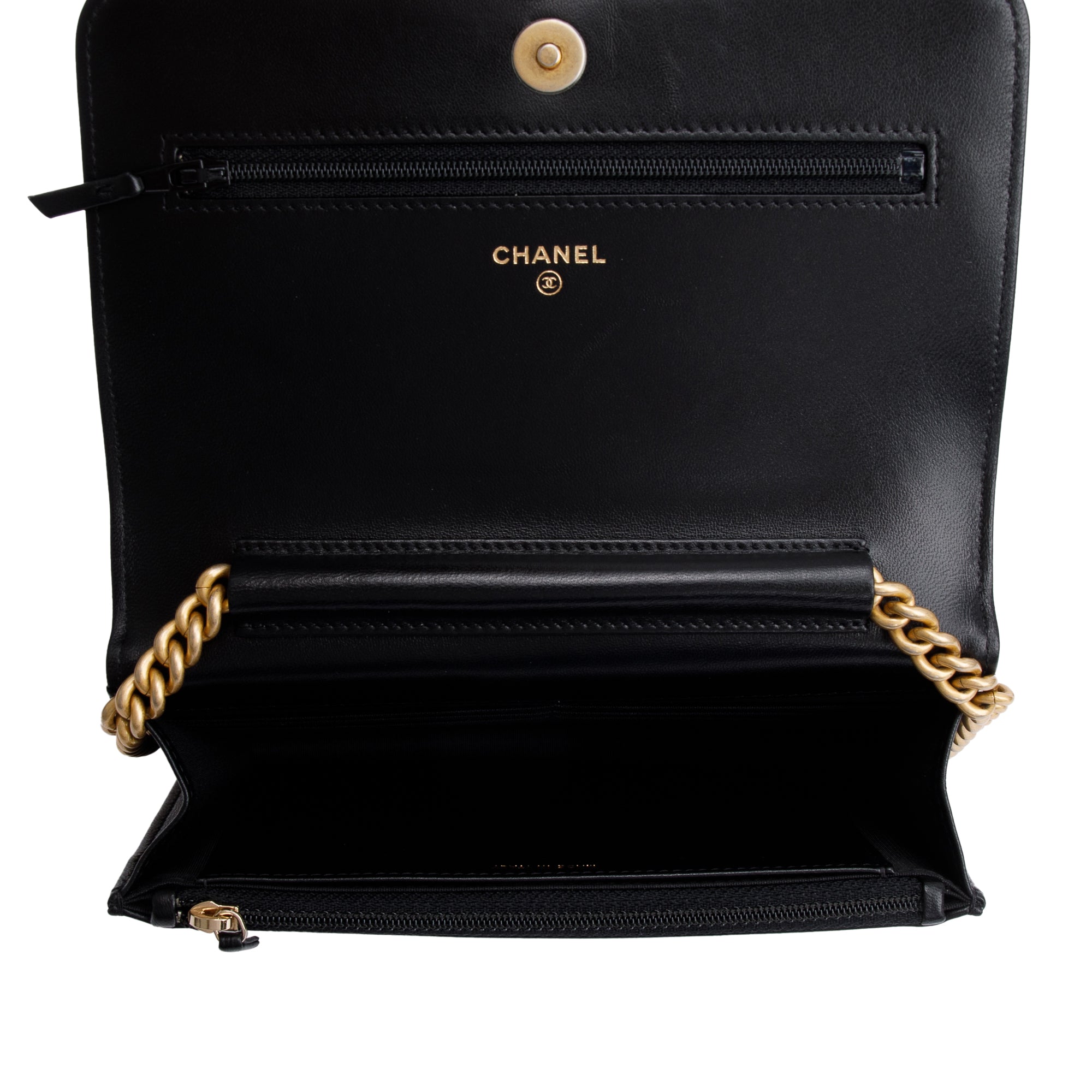 Chanel Black Lambskin Leather Boy Wallet on Chain w/ Box & Authenticity Card