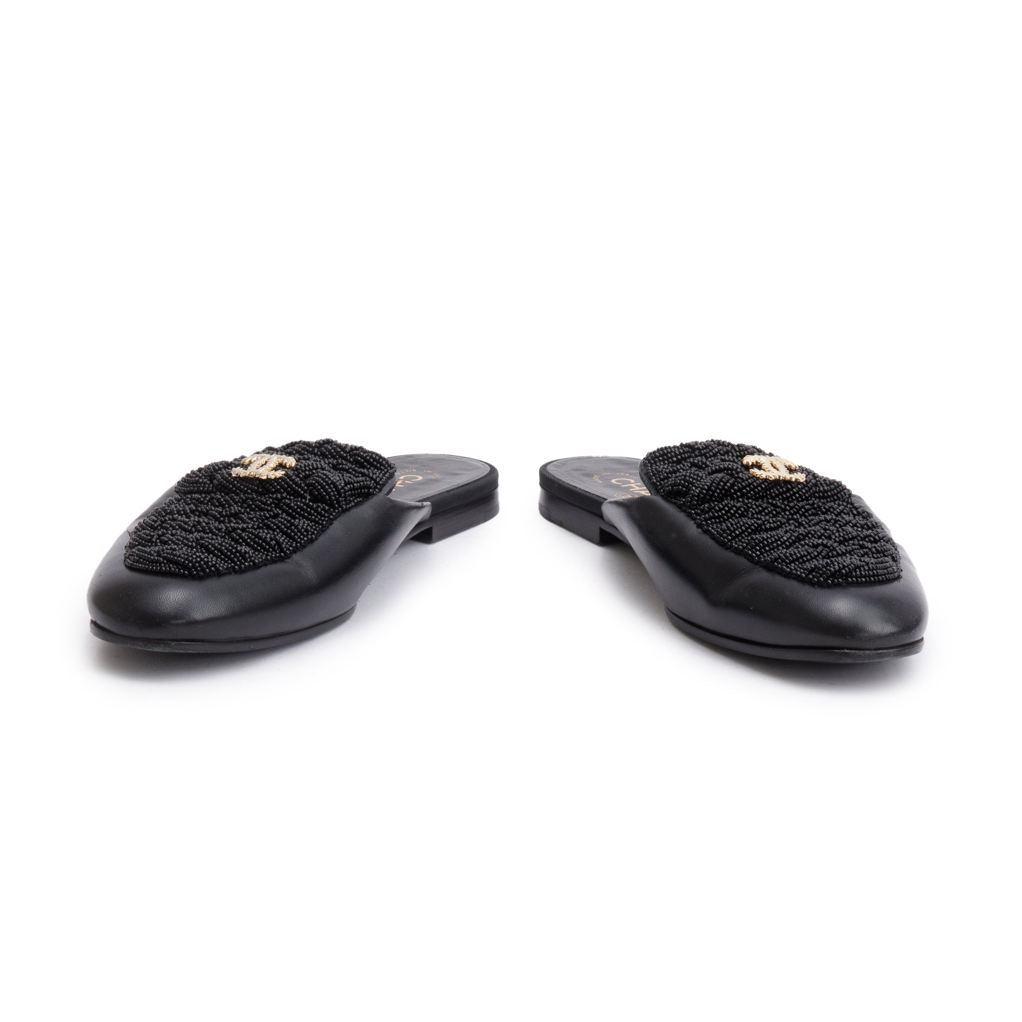 Chanel Black Lambskin Leather CC Beaded Flat Mules, Size 40