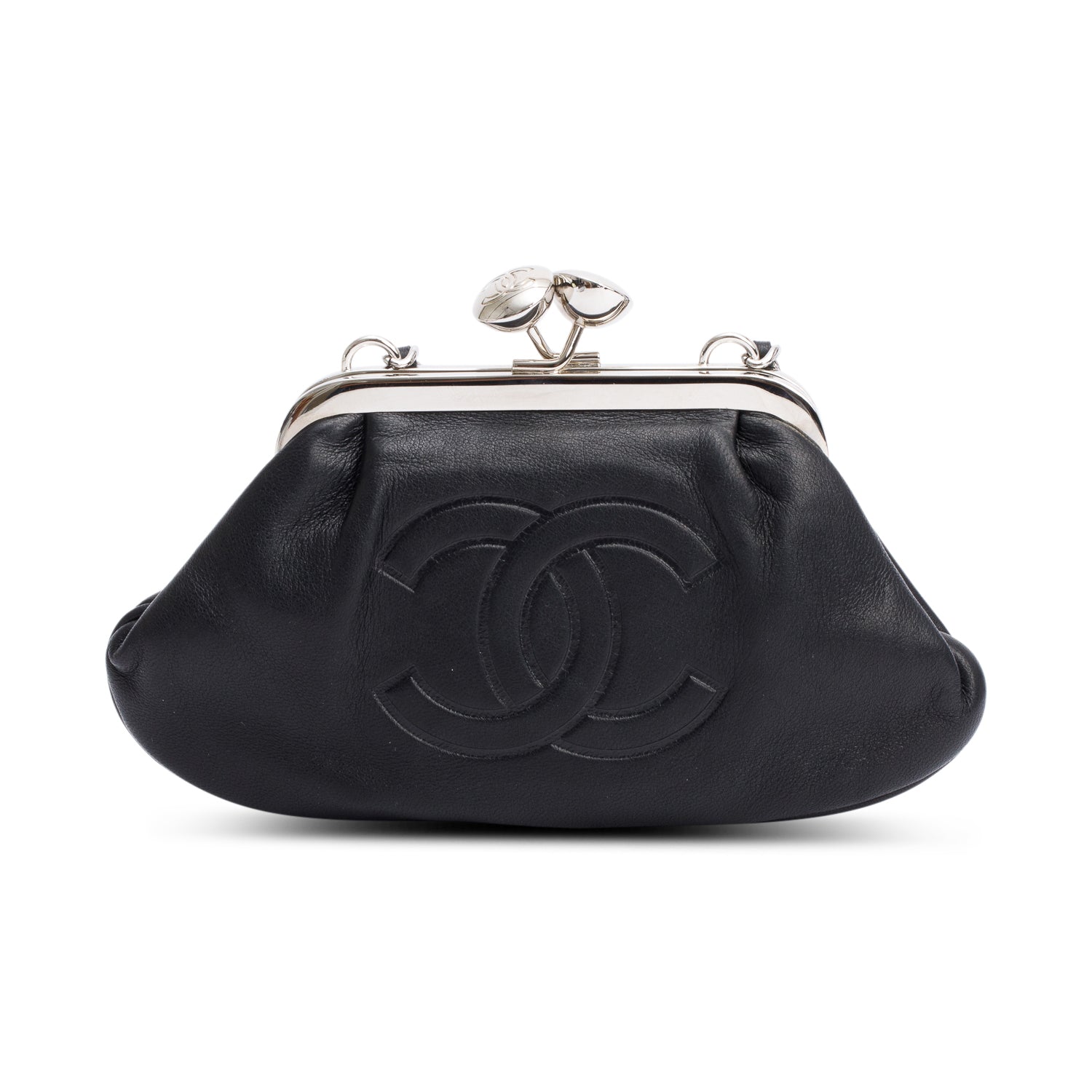 Chanel Black Lambskin Leather CC Kisslock Frame Evening Clutch Bag