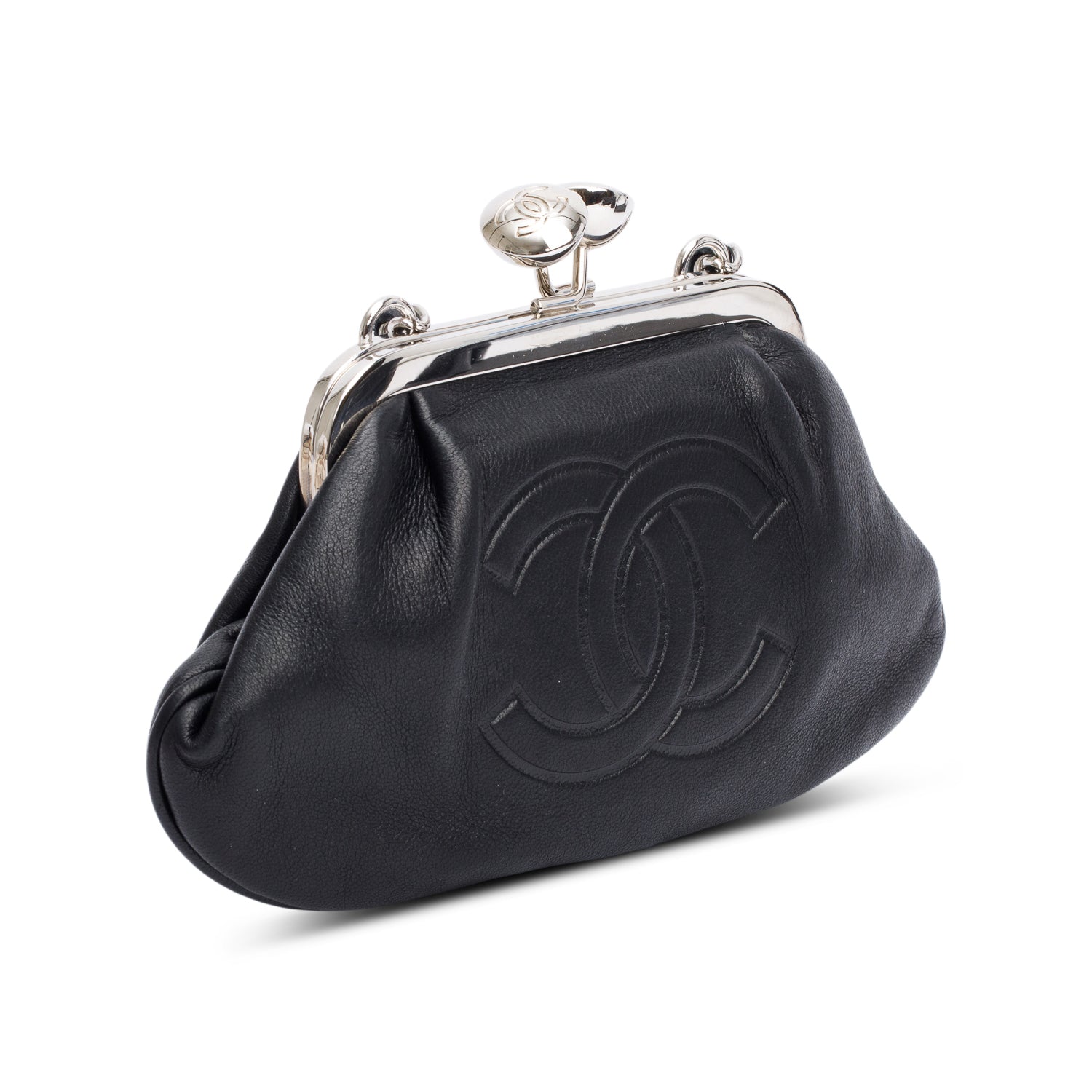 Chanel Black Lambskin Leather CC Kisslock Frame Evening Clutch Bag