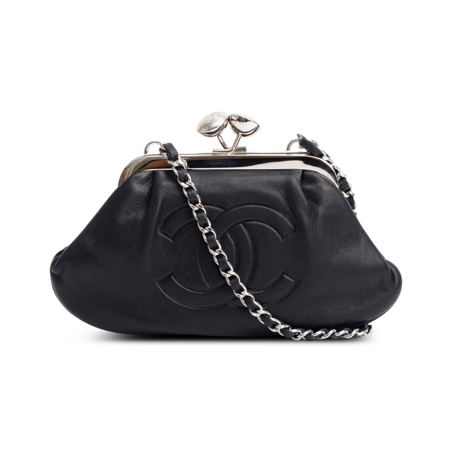 Chanel Black Lambskin Leather CC Kisslock Frame Evening Clutch Bag