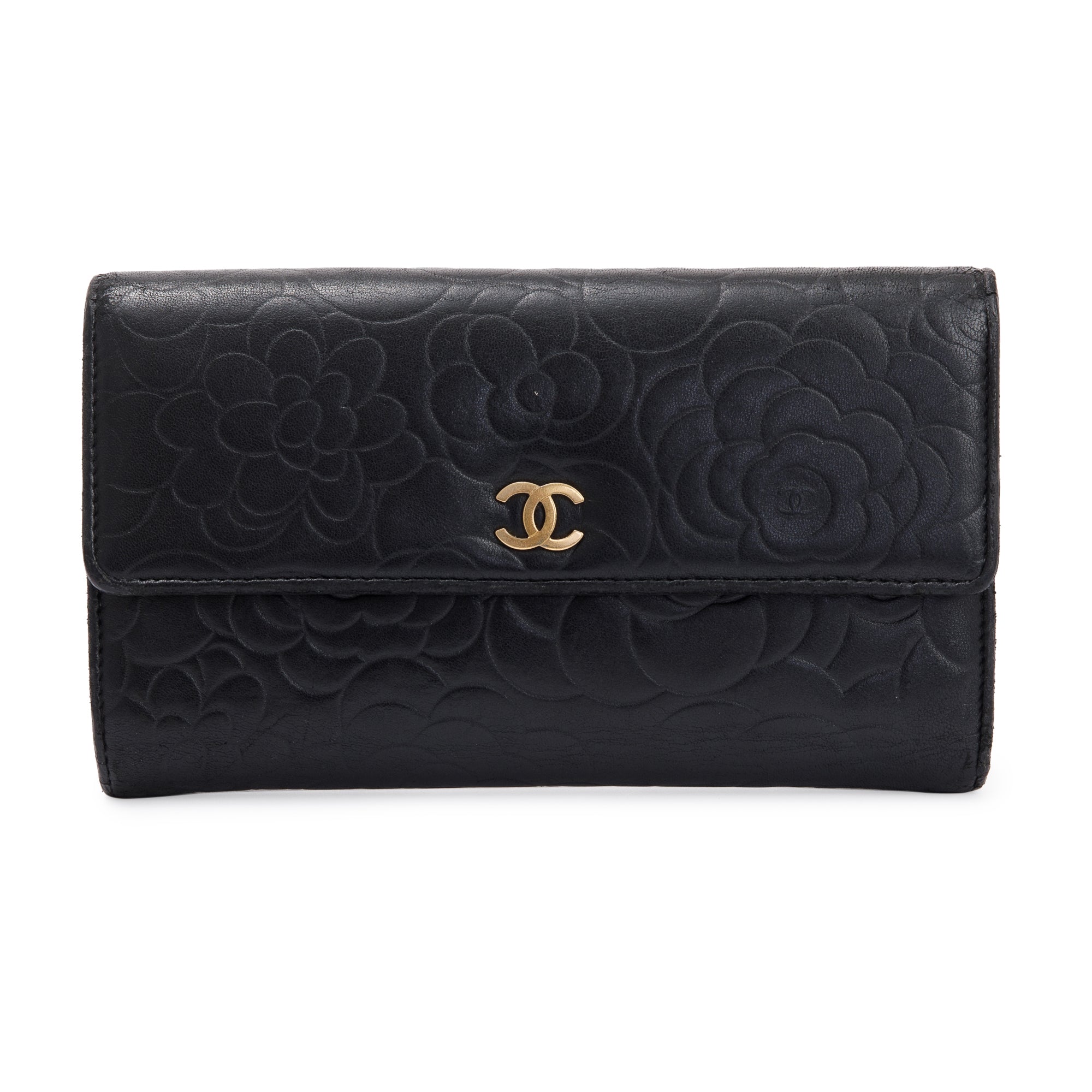 Chanel Black Lambskin Leather CC Logo Camellia Trifold Wallet w/ Authenticity Card