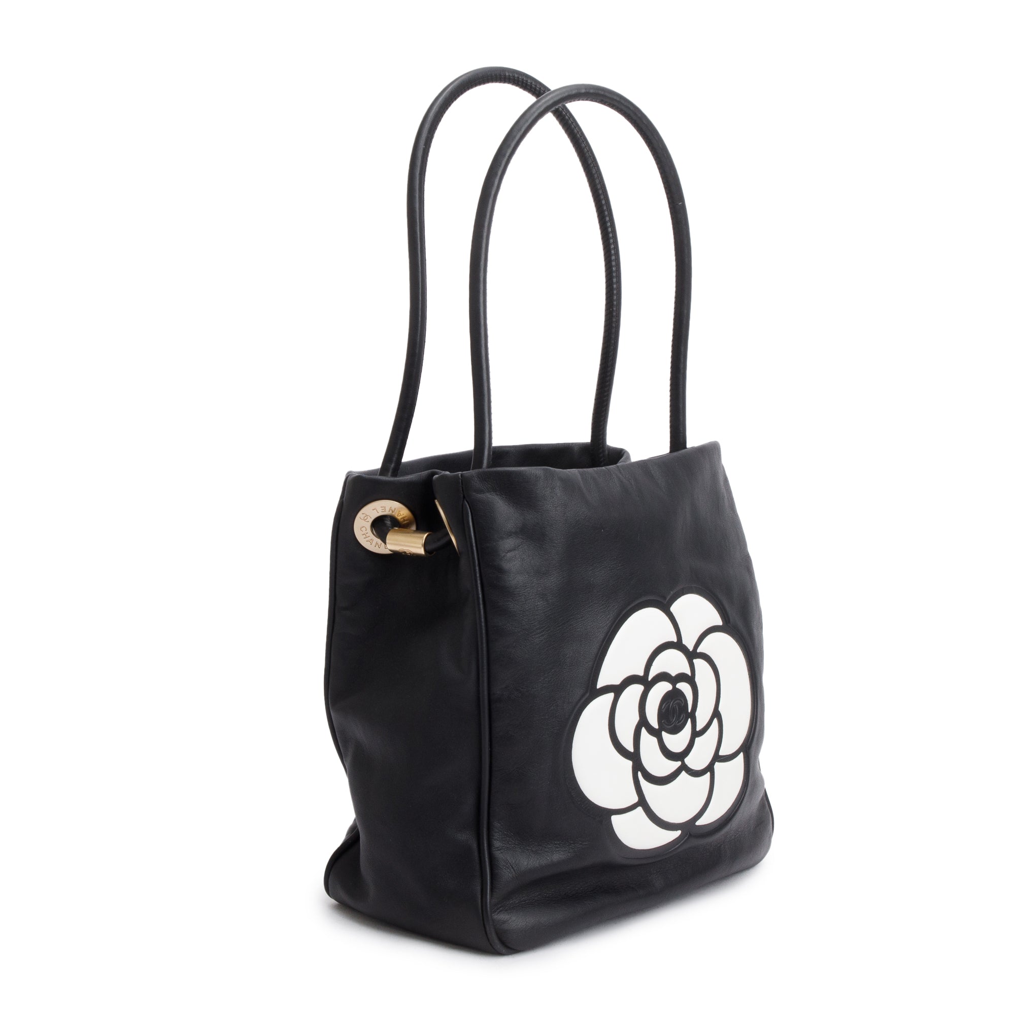 Chanel Black Lambskin Leather Camellia Logo Tote Bag