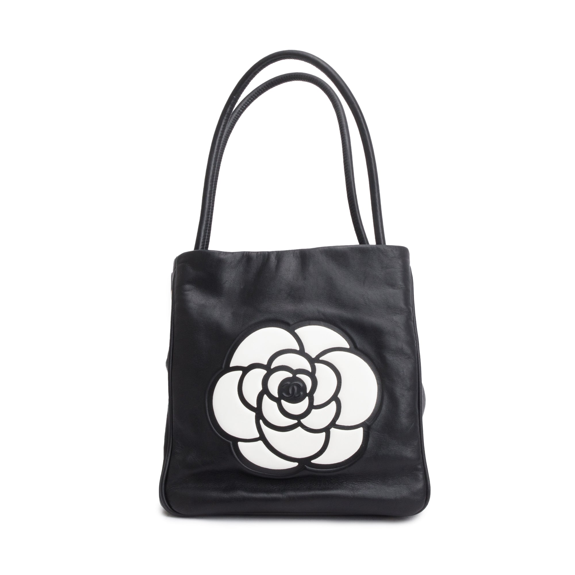 Chanel Black Lambskin Leather Camellia Logo Tote Bag