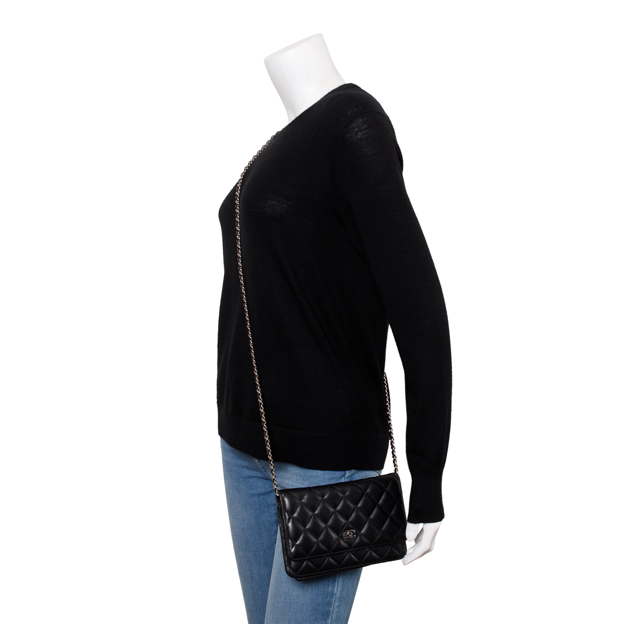 Chanel Black Lambskin Leather Classic Wallet on Chain w/ Box