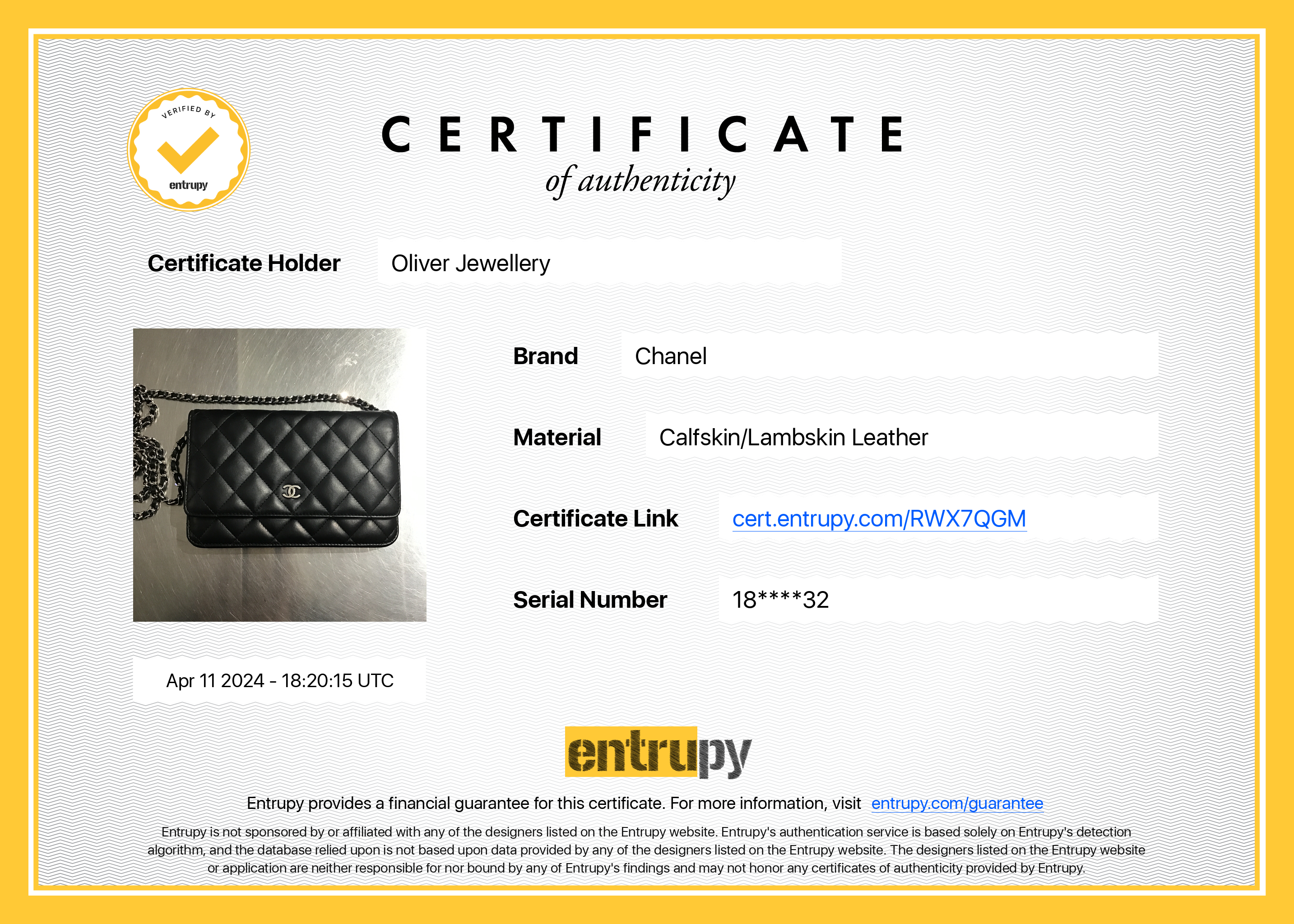 Chanel Black Lambskin Leather Classic Wallet on Chain w/ Box & Authenticity Card