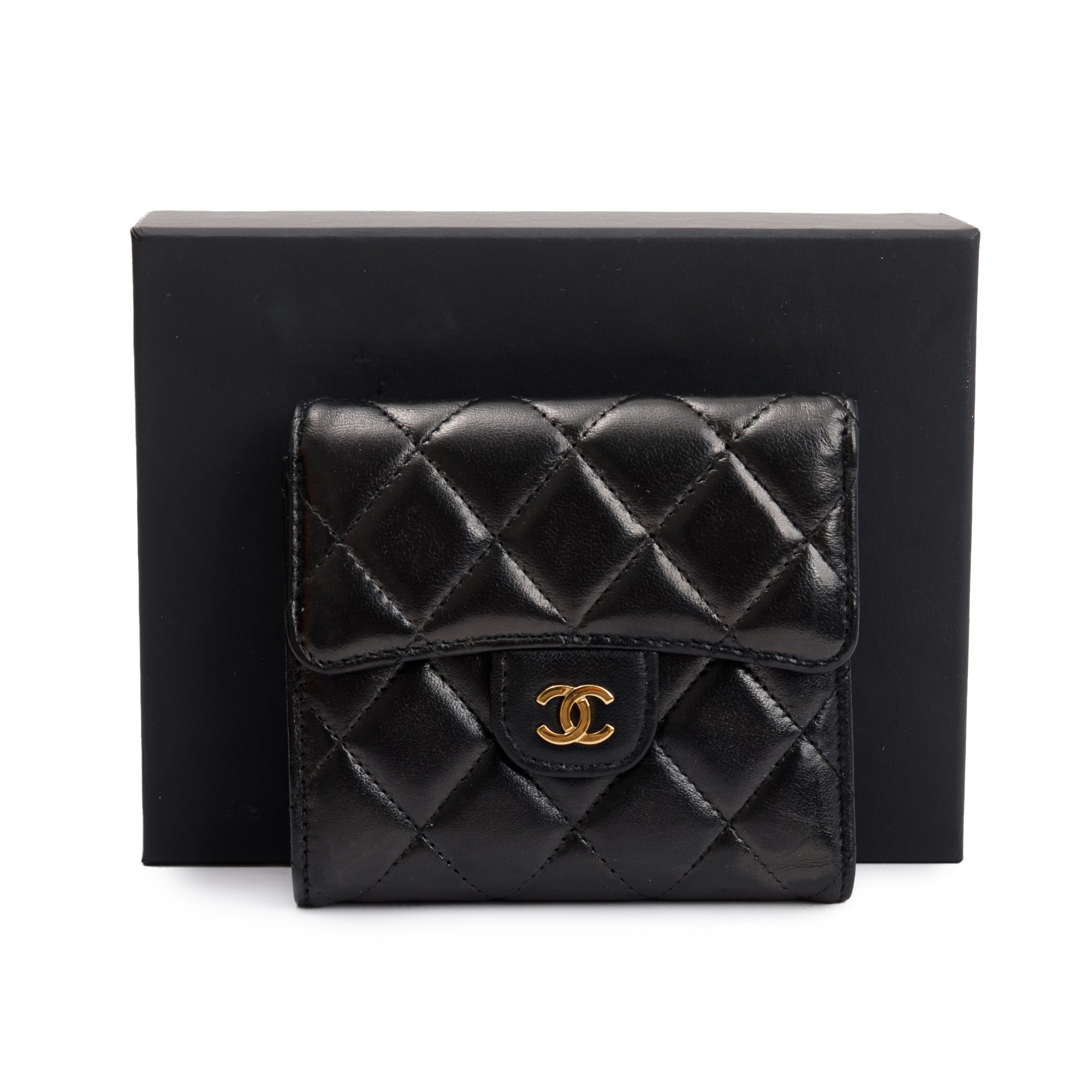 Chanel Black Lambskin Leather Compact Wallet w/ Box & Authenticity Card