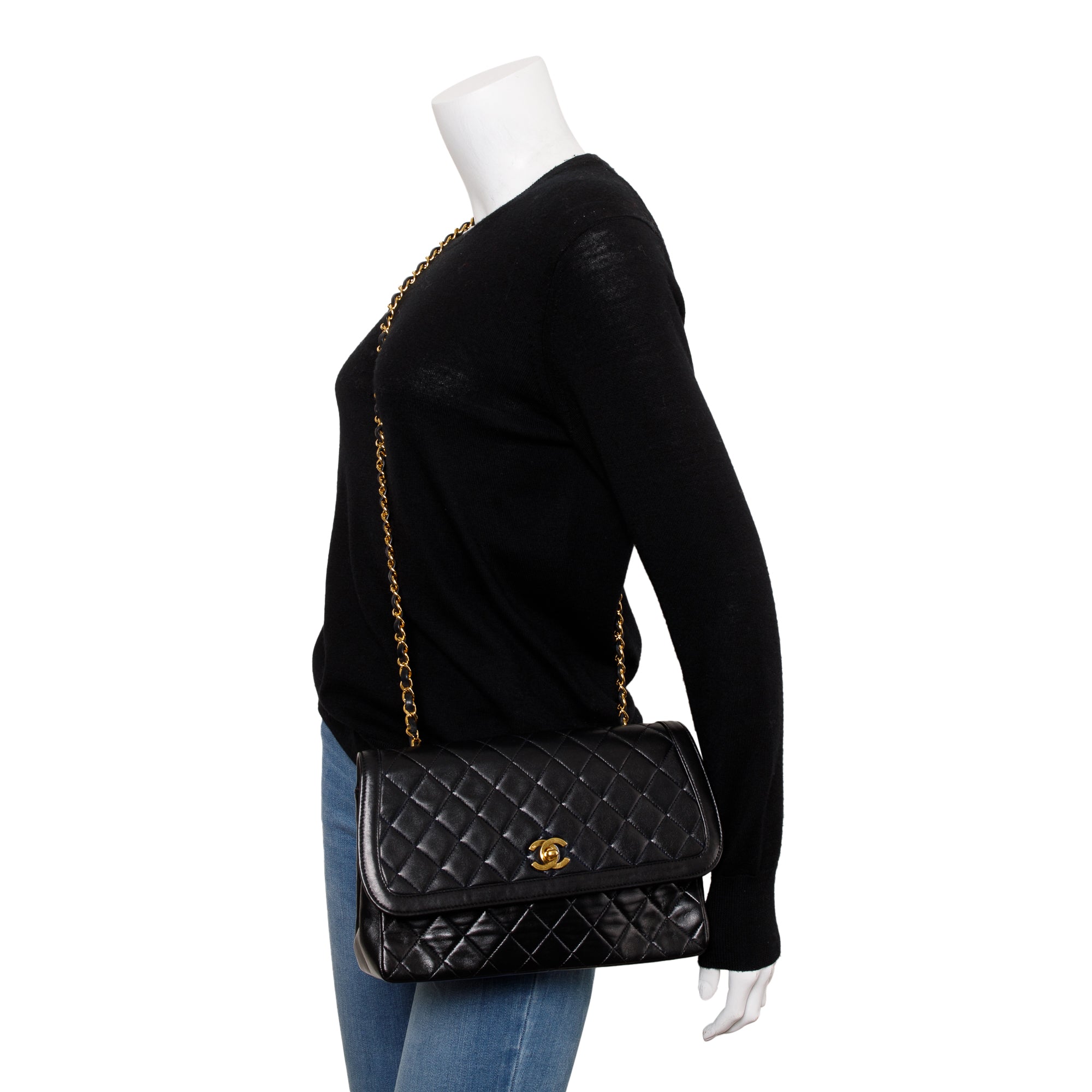 Chanel Black Lambskin Leather Integral Flap Bag with Pouch w/ Authenticity Card